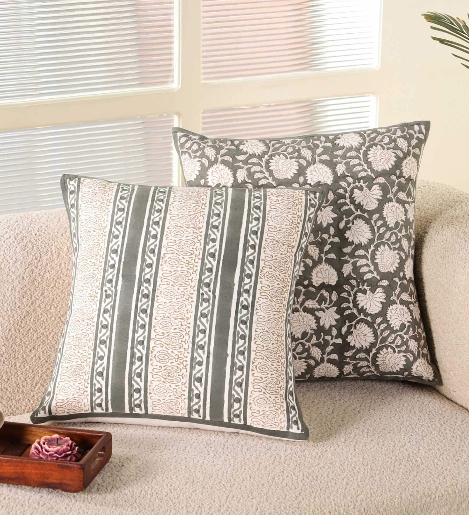 Hand Block Printed Cotton in Striped Charcoal and Off White (18x18inches) Cushion Covers