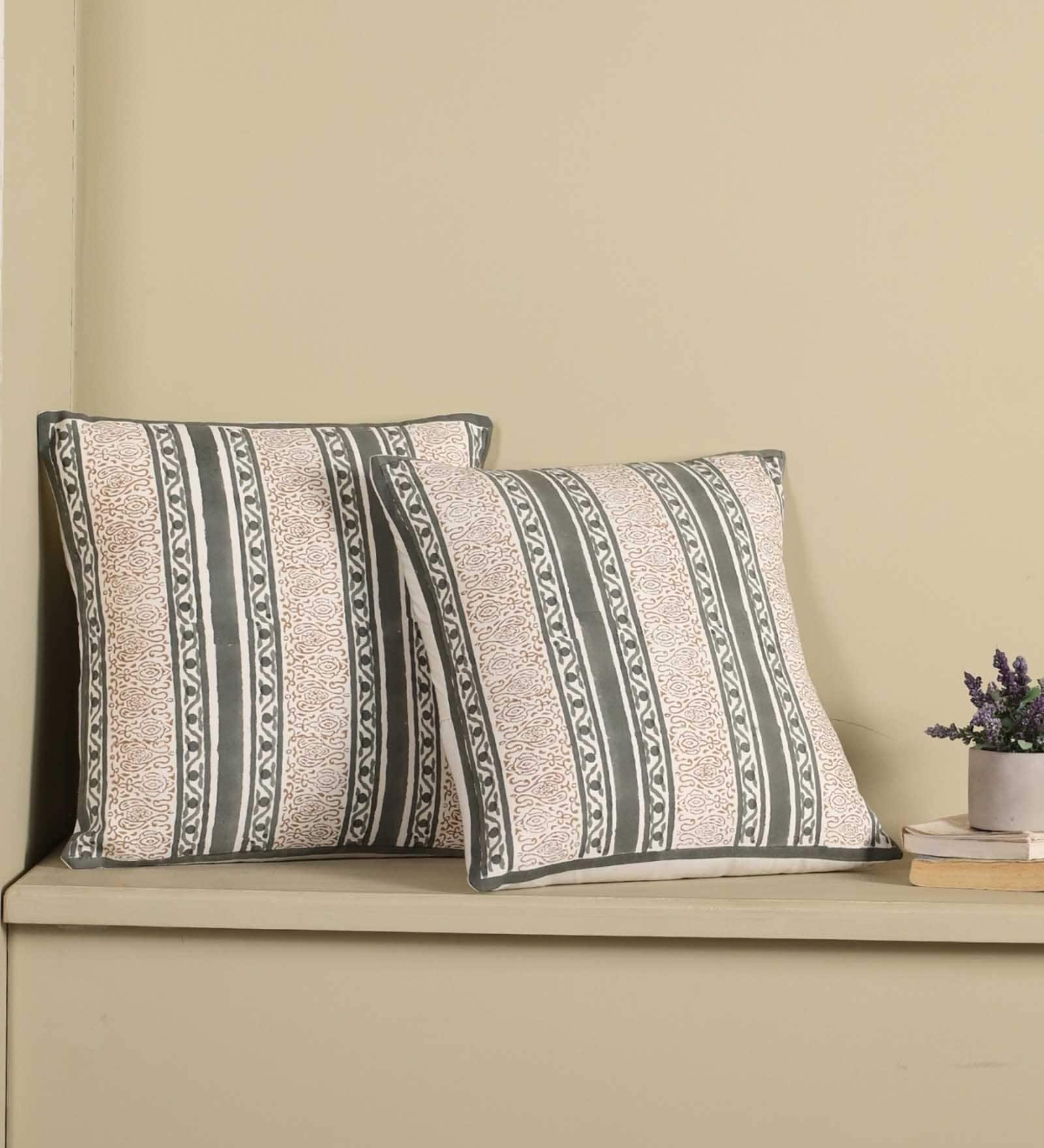 Hand Block Printed Cotton in Striped Charcoal and Off White Set of 2 (18x18inches) Cushion Covers