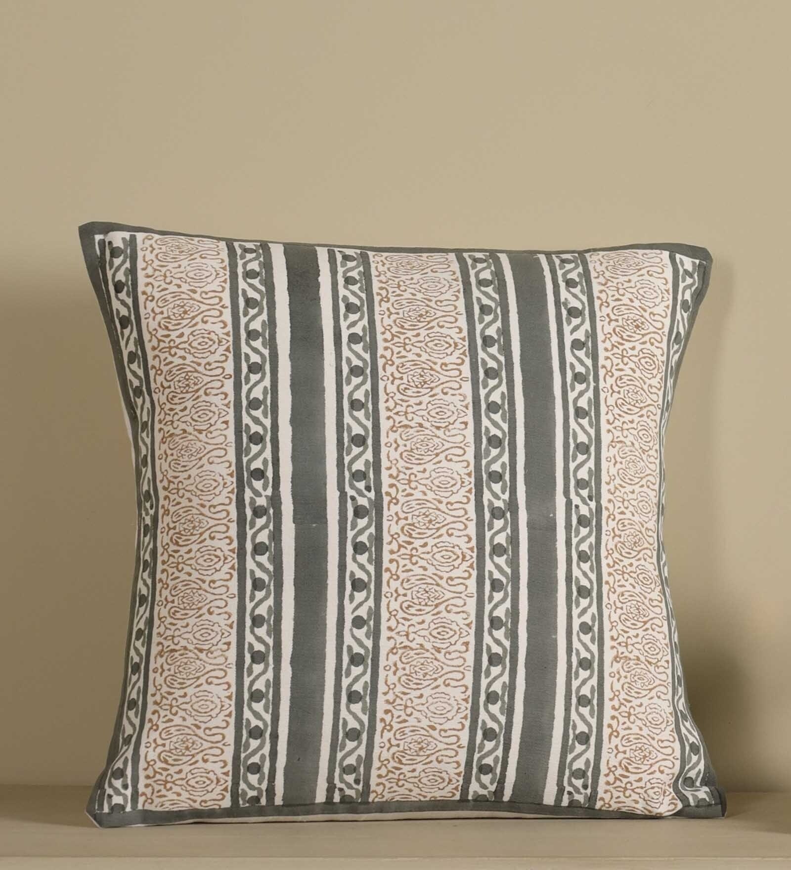 Hand Block Printed Cotton in Striped Charcoal and Off White Set of 4 (18x18inches) Cushion Covers