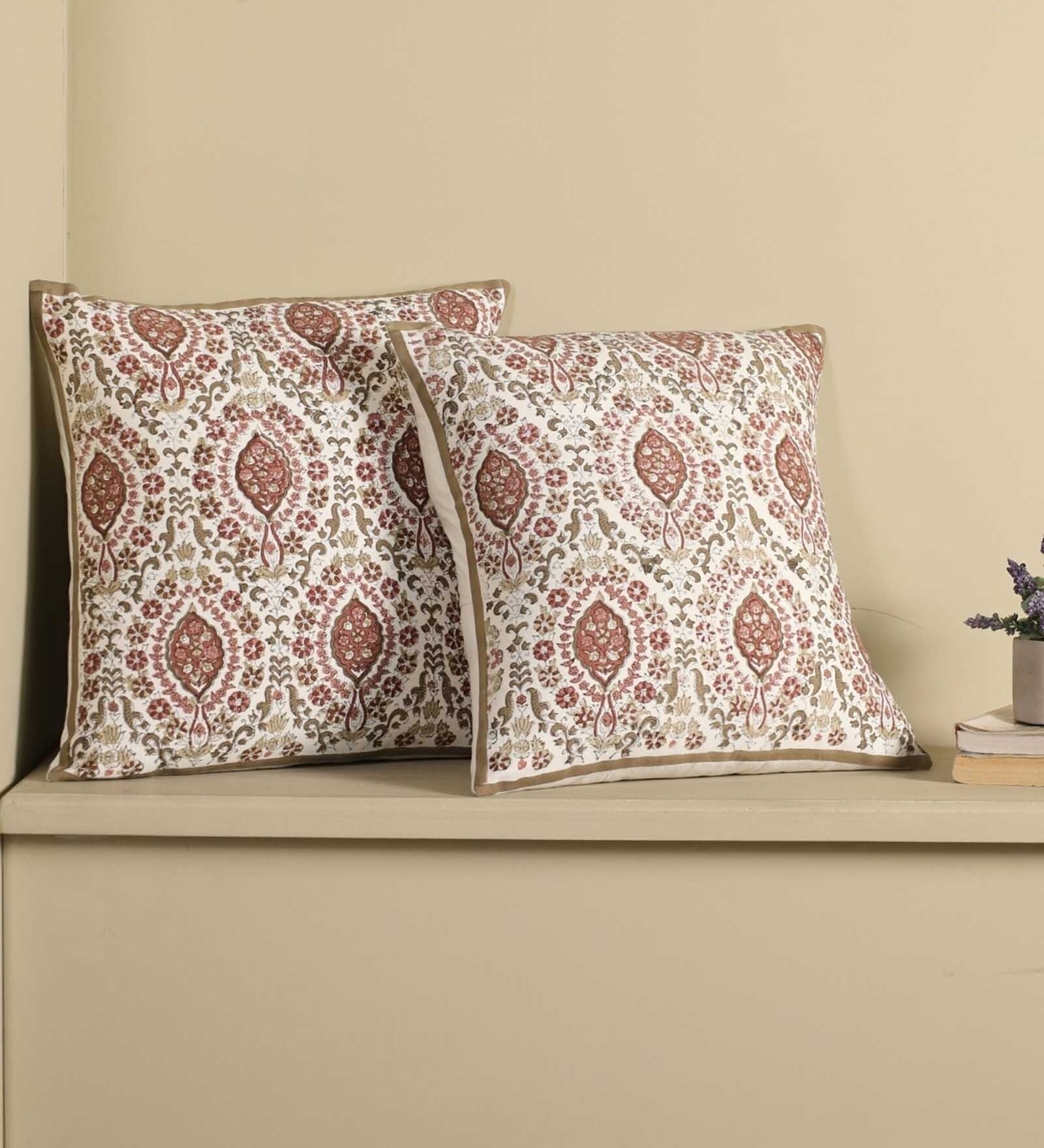 Hand Block Printed Cotton Ivory and Rust Set of 2 (18x18inches) Cushion Covers