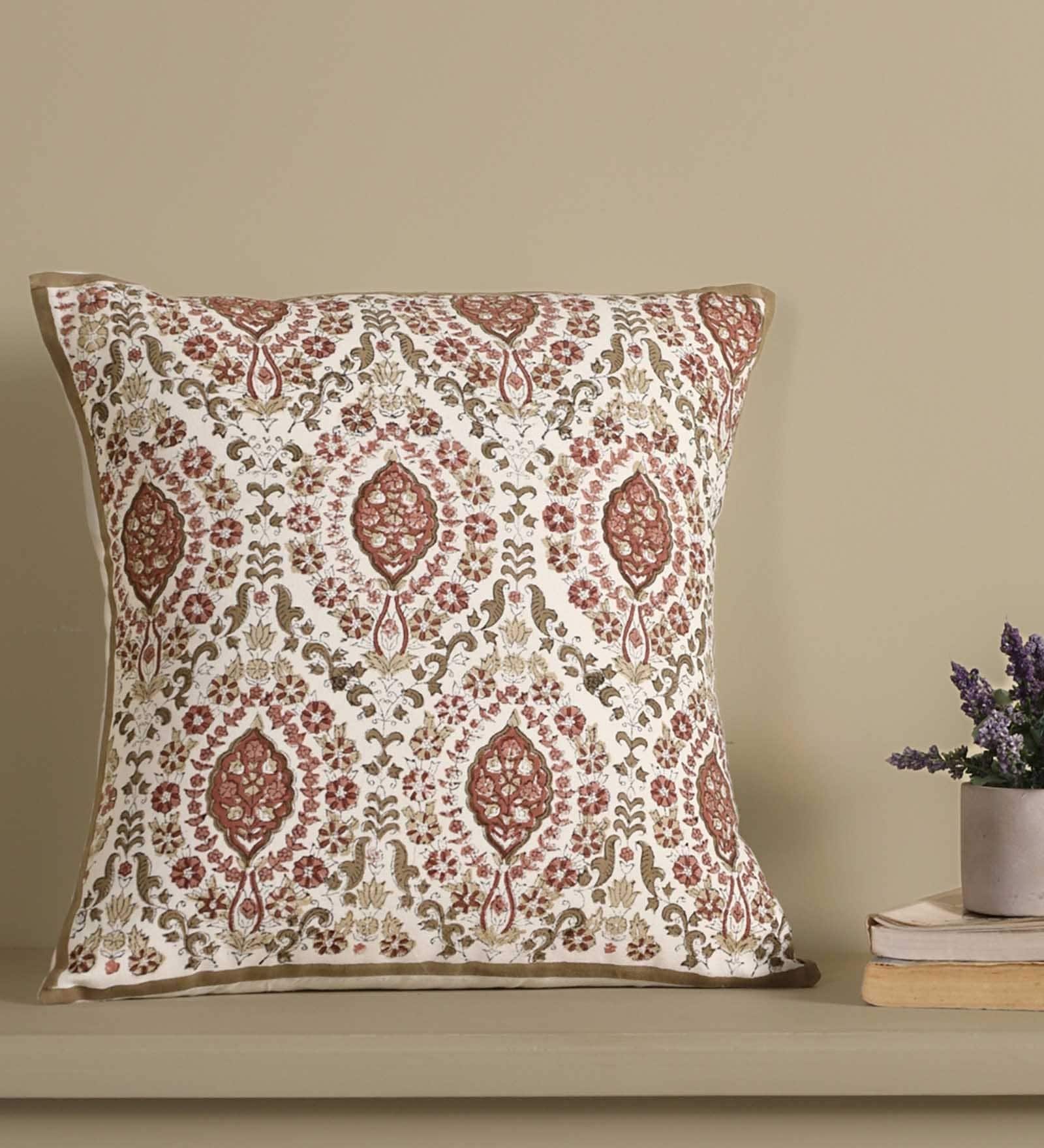 Hand Block Printed Cotton Ivory and Rust Set of 3 (18x18inches) Cushion Covers