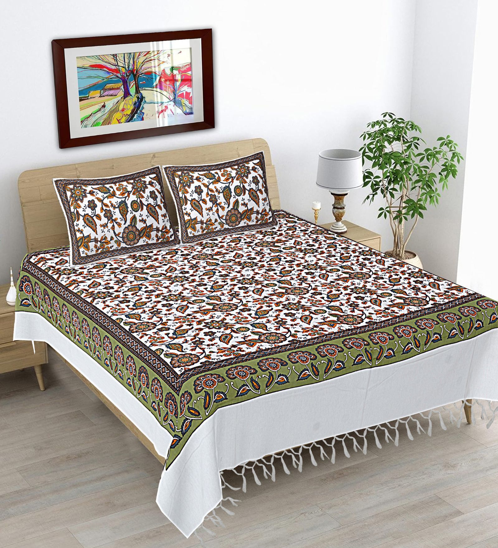 Green Hand Block Printed Floral Kalamkari Queen Double Size Cotton Bedsheet With 2 Pillowcovers