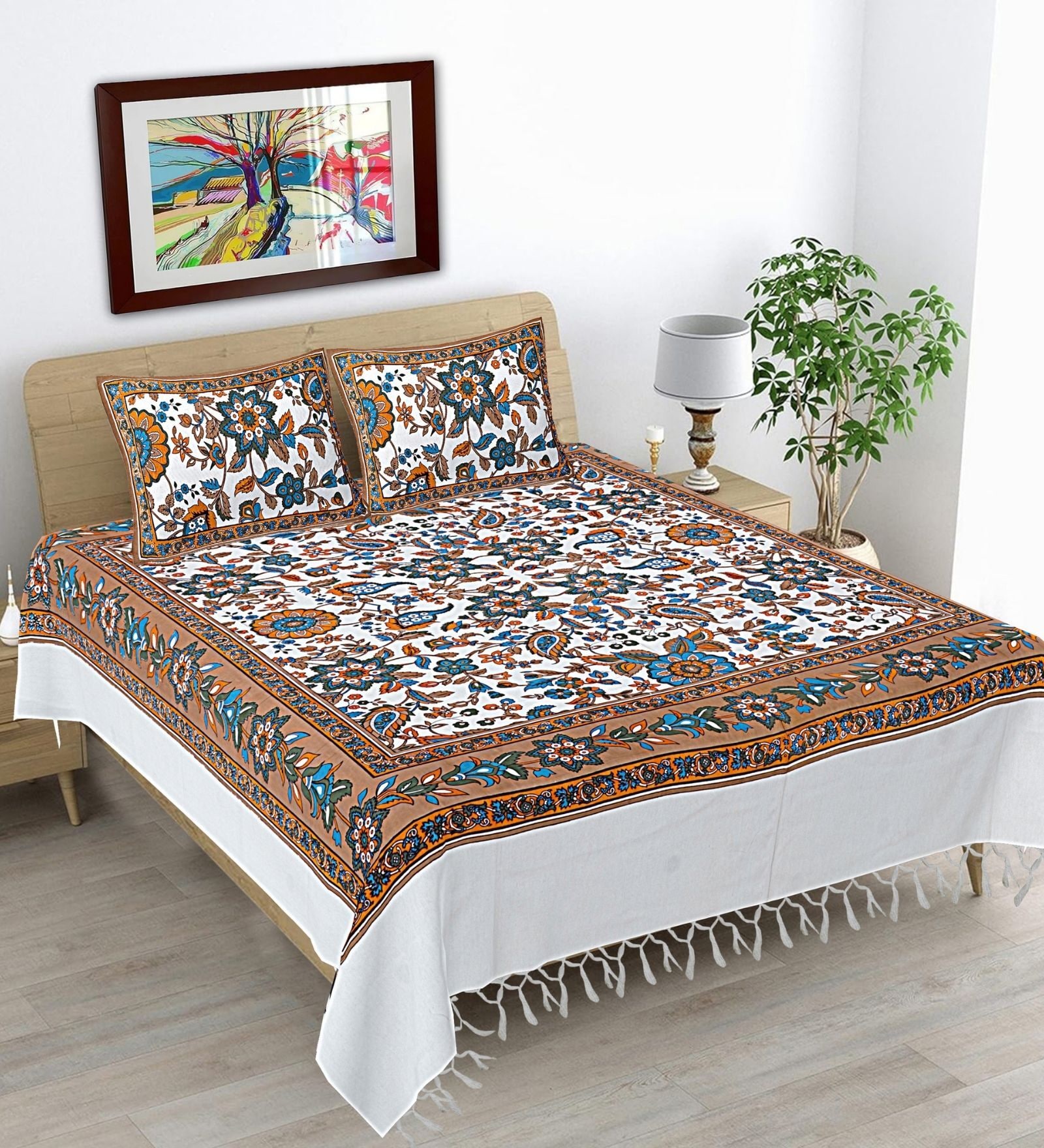 Purple Hand Block Printed Floral Kalamkari Queen Double Size Cotton Bedsheet With 2 Pillowcovers