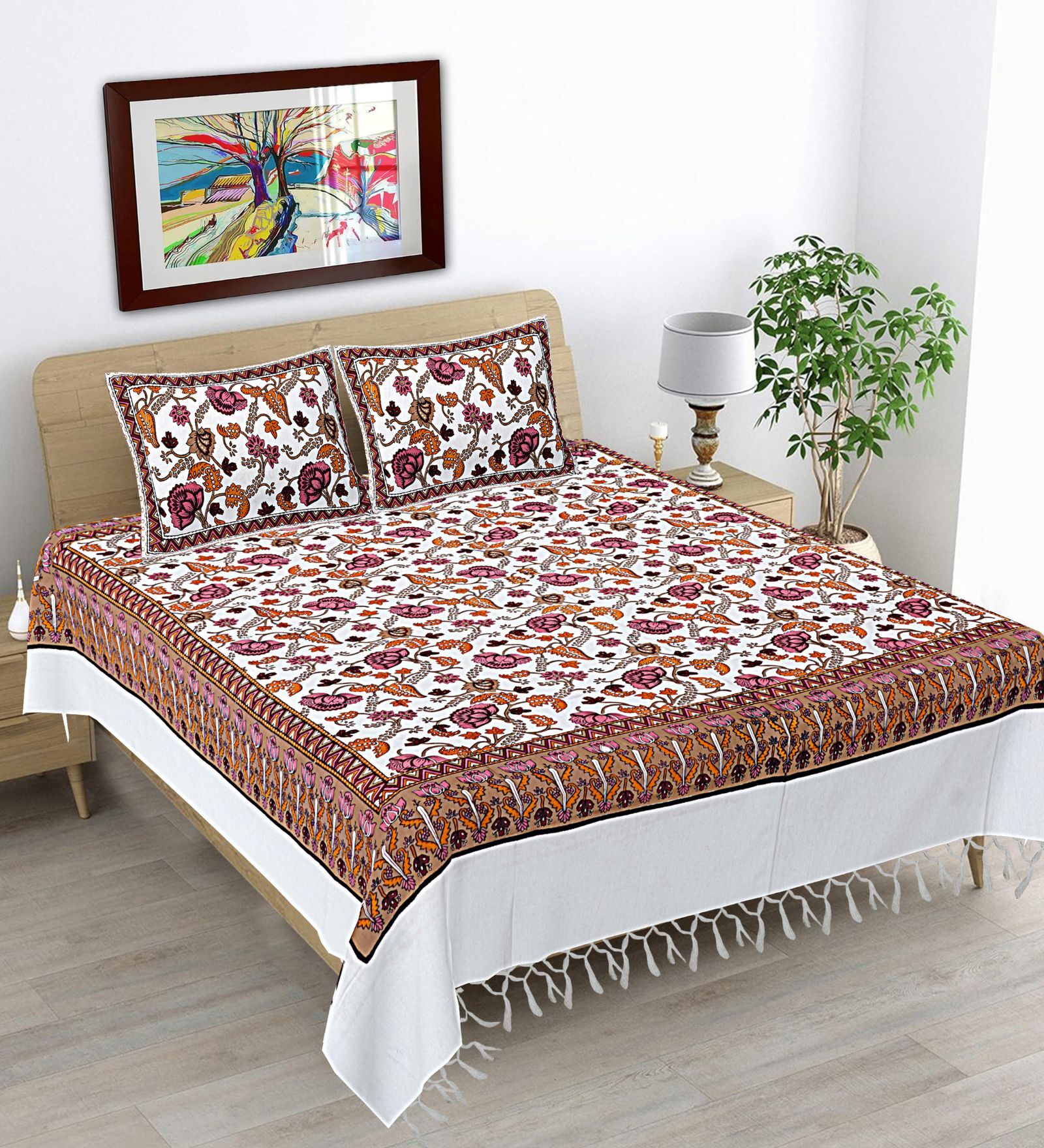 Pink Hand Block Printed Floral Kalamkari Queen Double Size Cotton Bedsheet With 2 Pillowcovers