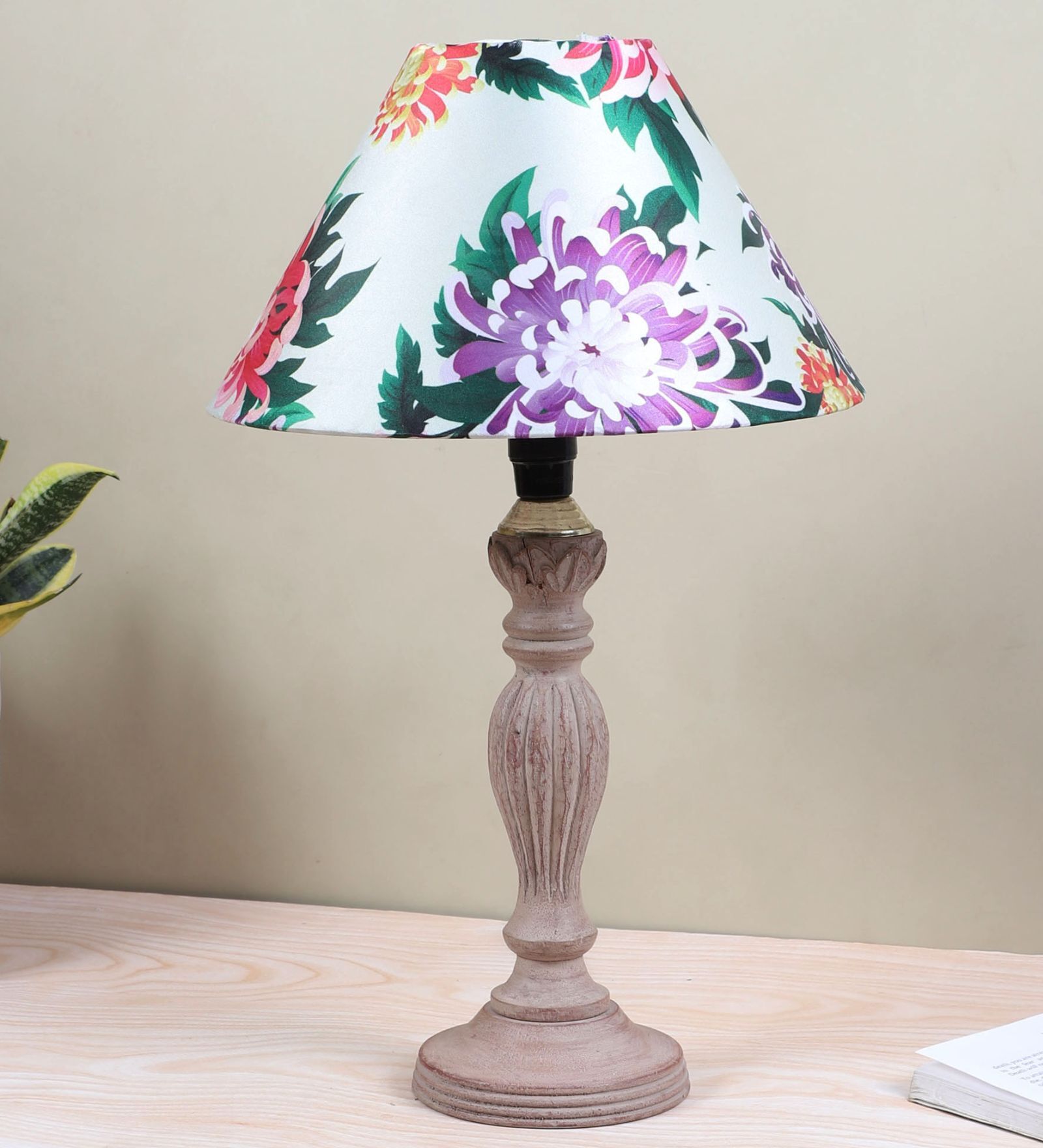 Hand Carved Classic Mangowood Table Lamp With Carnation Print Satin Shade