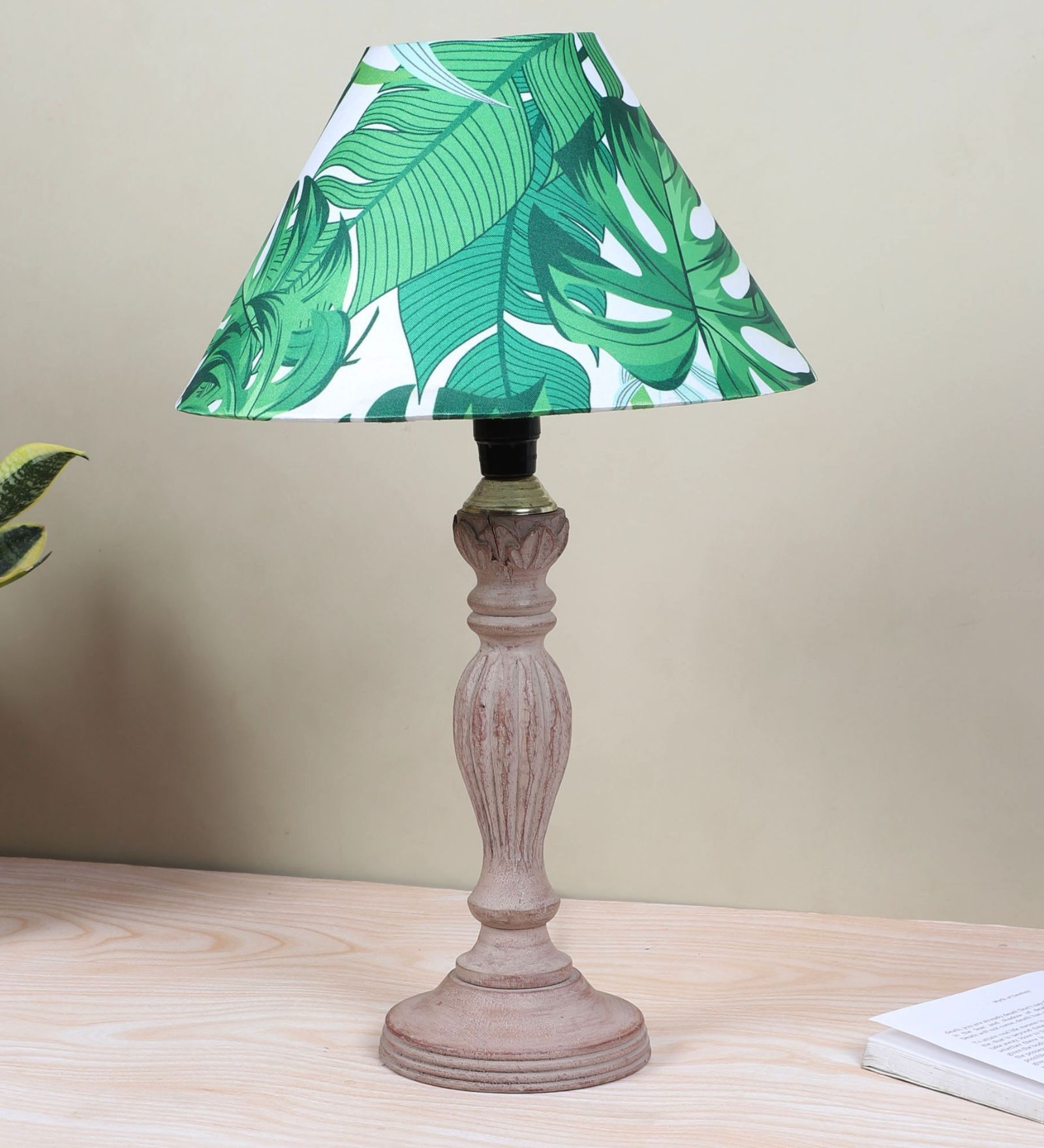 Hand Carved Classic Mangowood Table Lamp With Palm Print Satin Shade