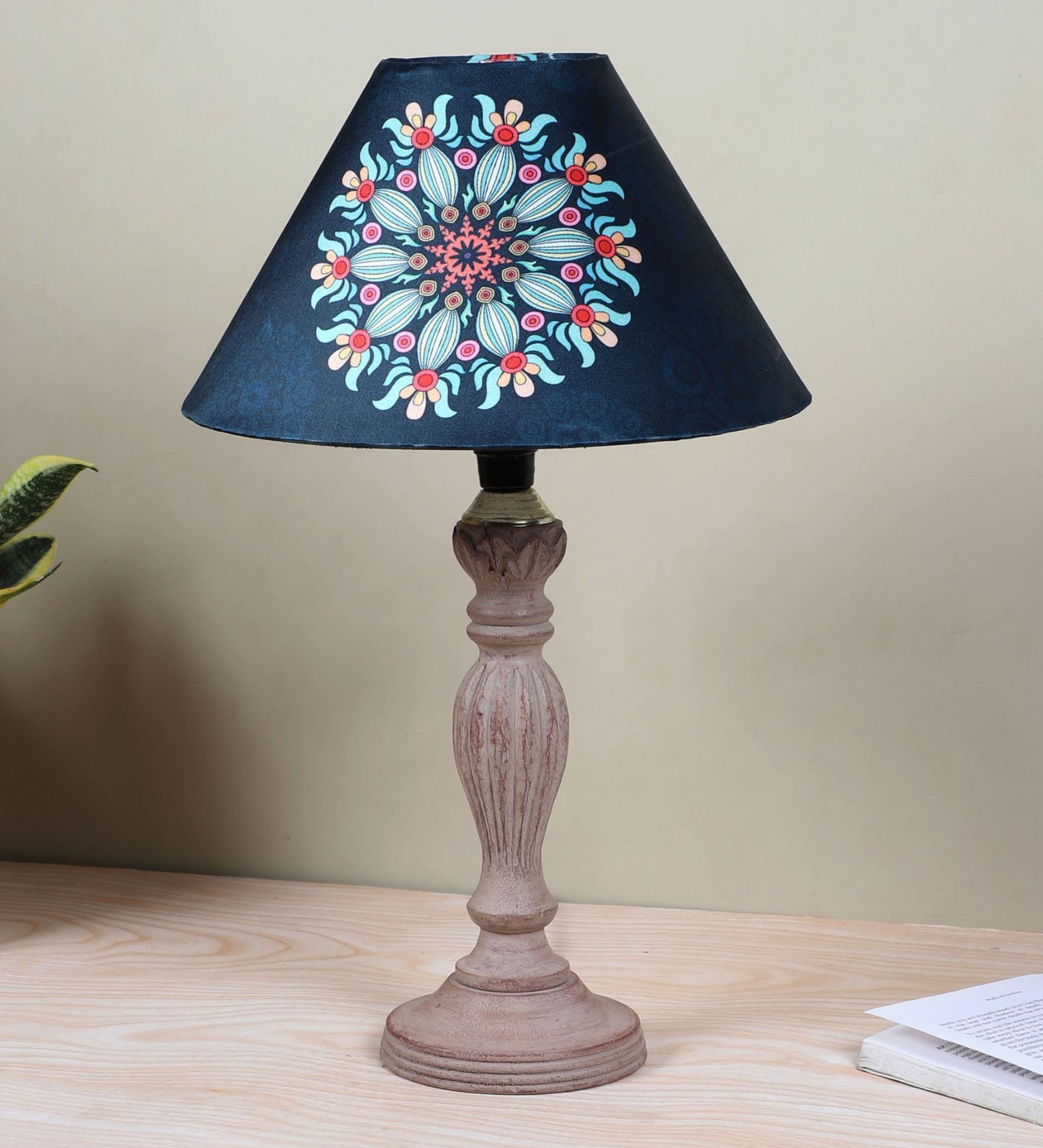 Hand Carved Classic Mangowood Table Lamp With French Floral Print Satin Shade