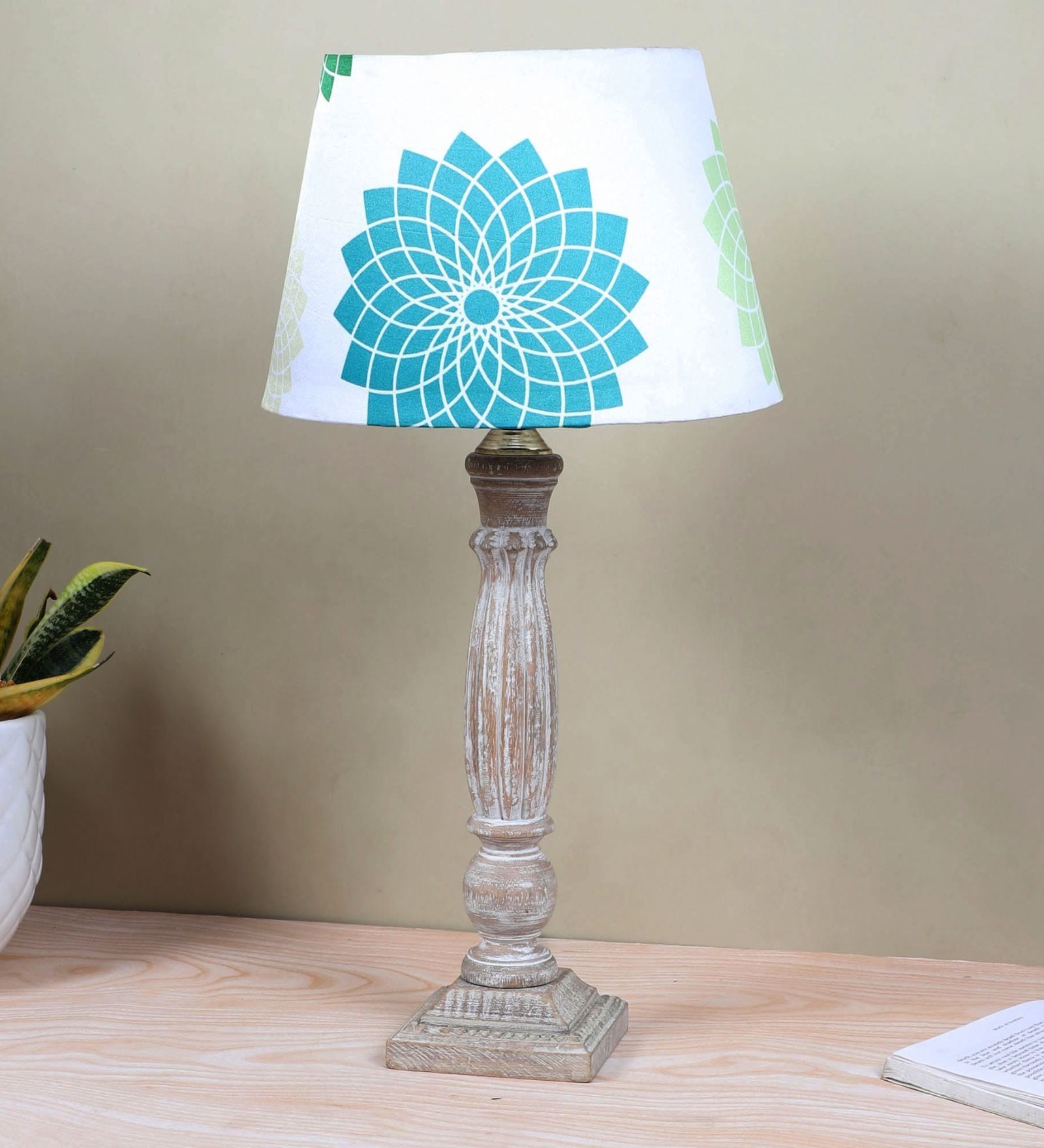 Hand Carved Ilumista Mangowood Table Lamp With Dahlia Floral Print Satin Shade