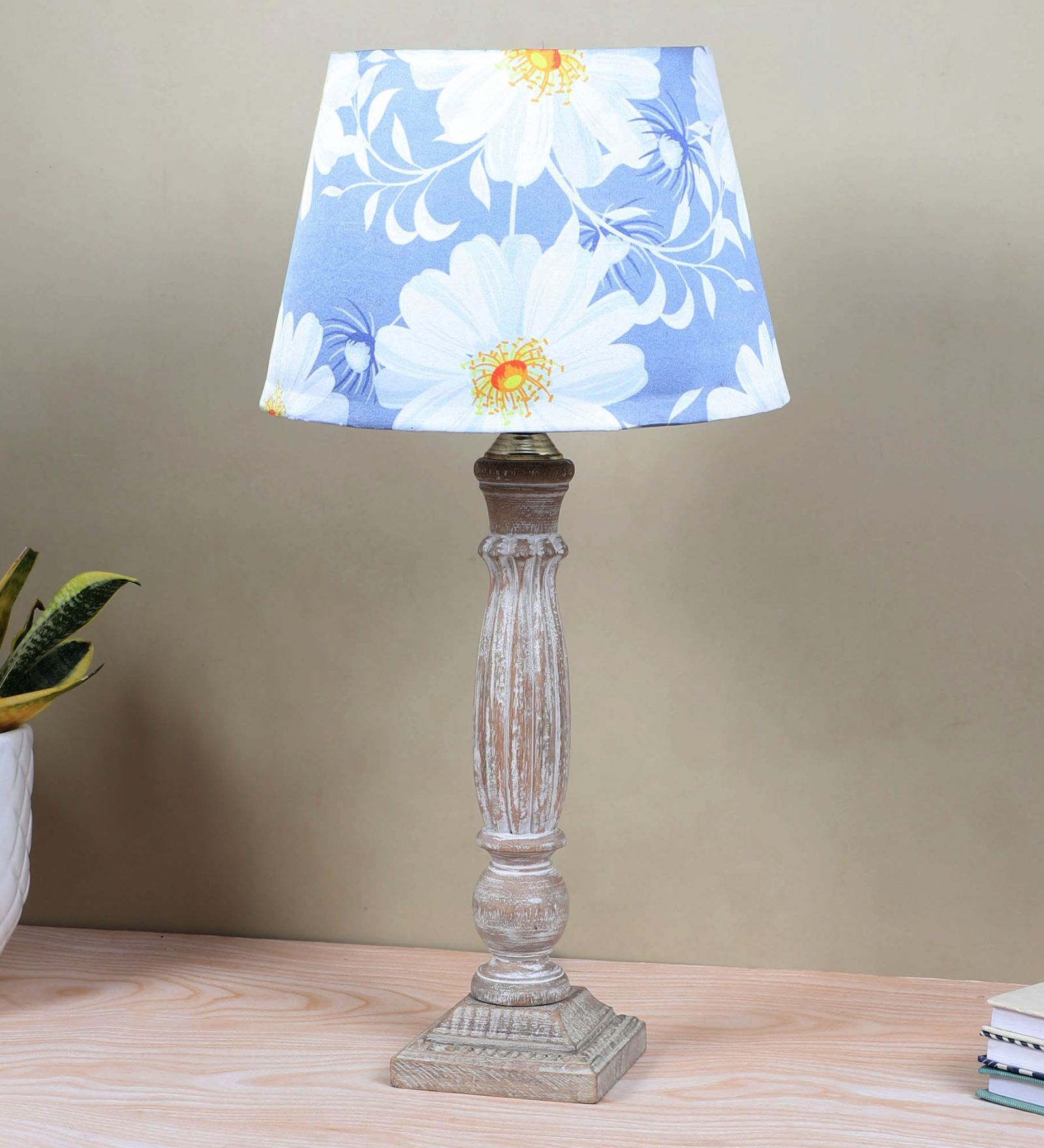 Hand Carved Ilumista Mangowood Table Lamp With Narcissue Floral Print Satin Shade