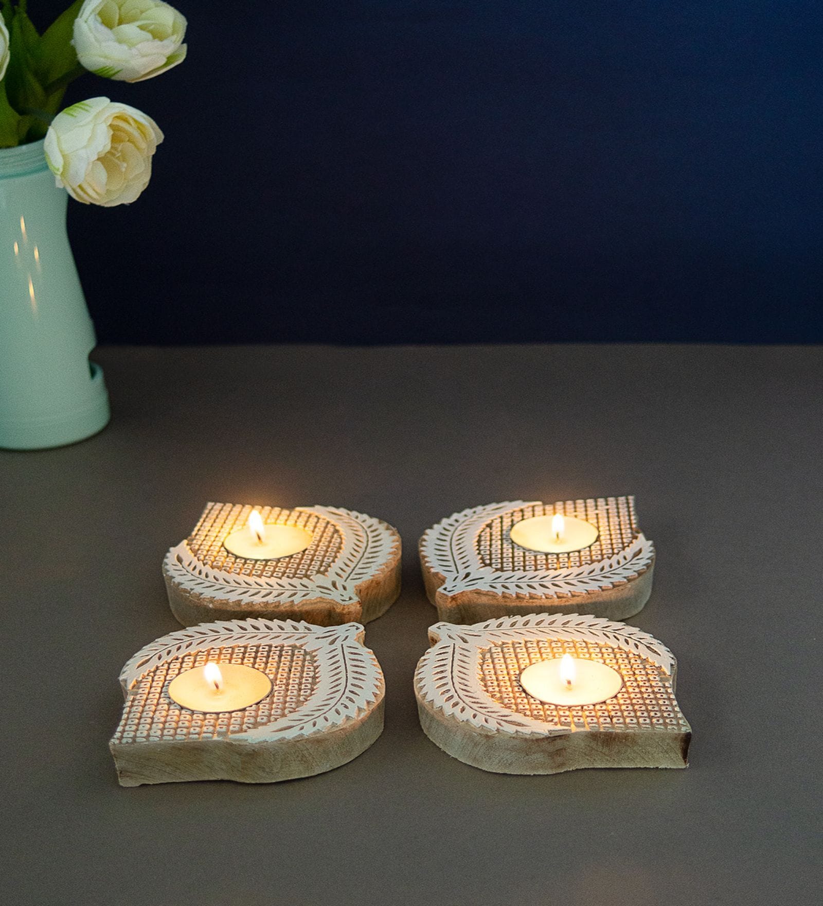 Hand-Carved Leaf Brown Colour Mdf T- Light Candle Holder Blocks