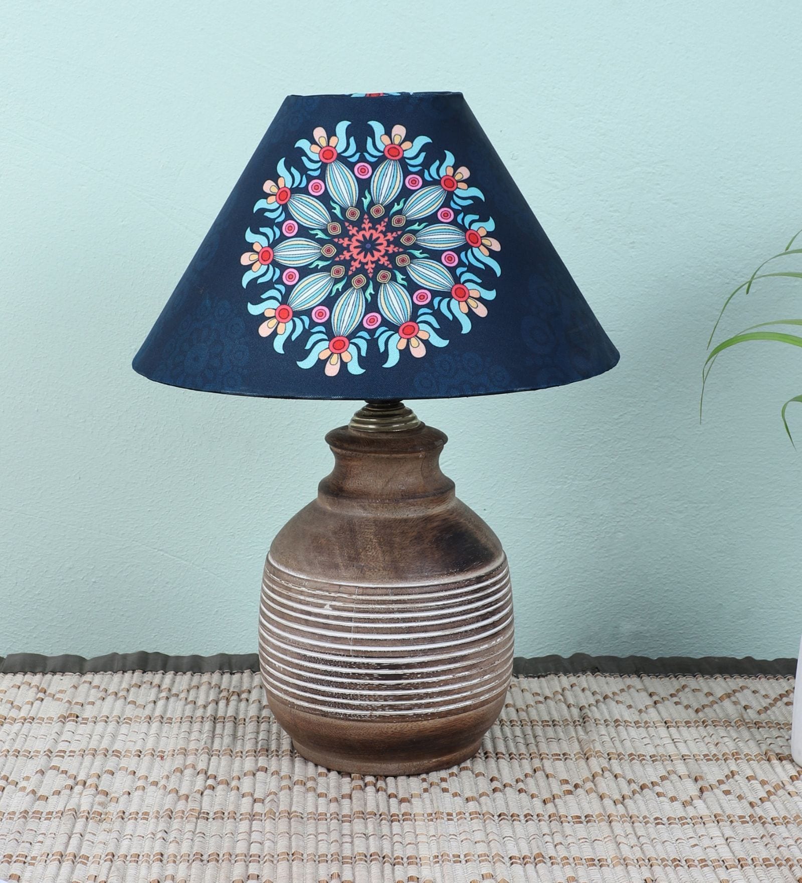 Hand Carved Mangowood Table Lamp With French Floral Print Satin Shade