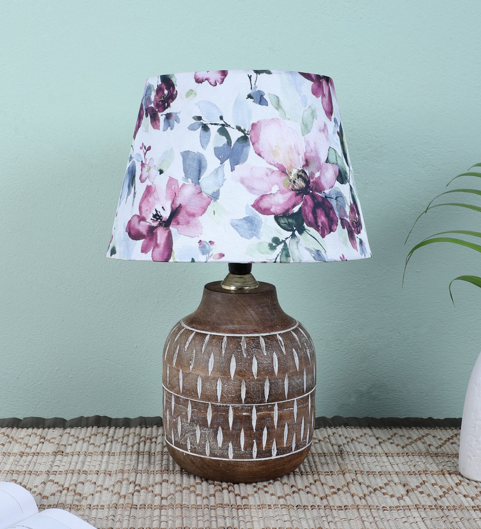 Hand Carved Mangowood Table Lamp With Cobra Saffron Print Satin Shade