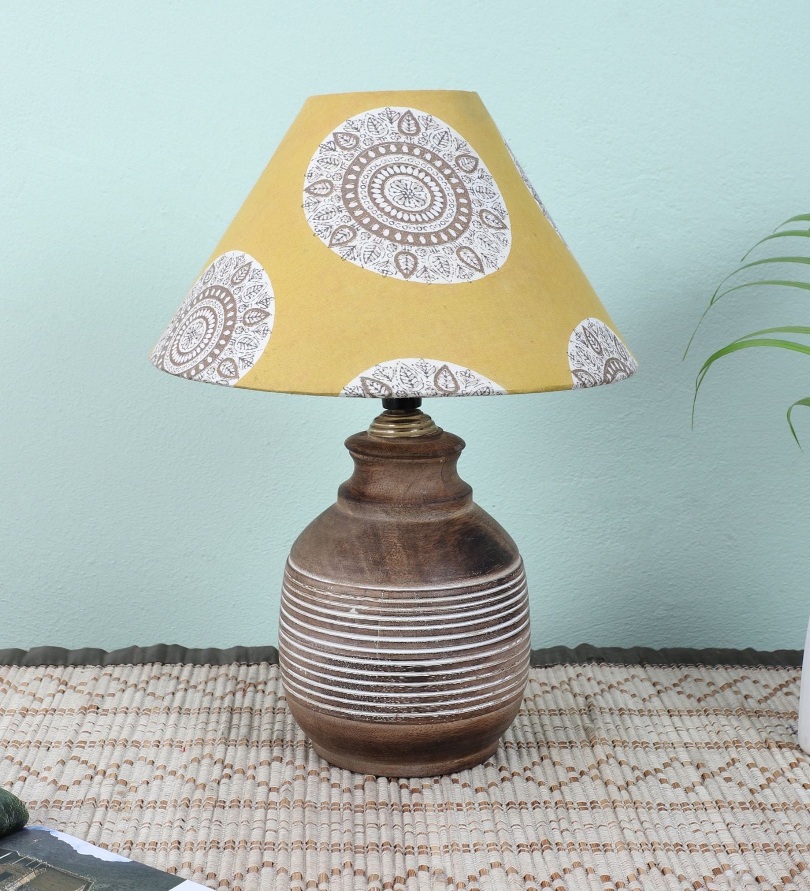 Hand Carved Mangowood Table Lamp With Mandala Print Satin Shade
