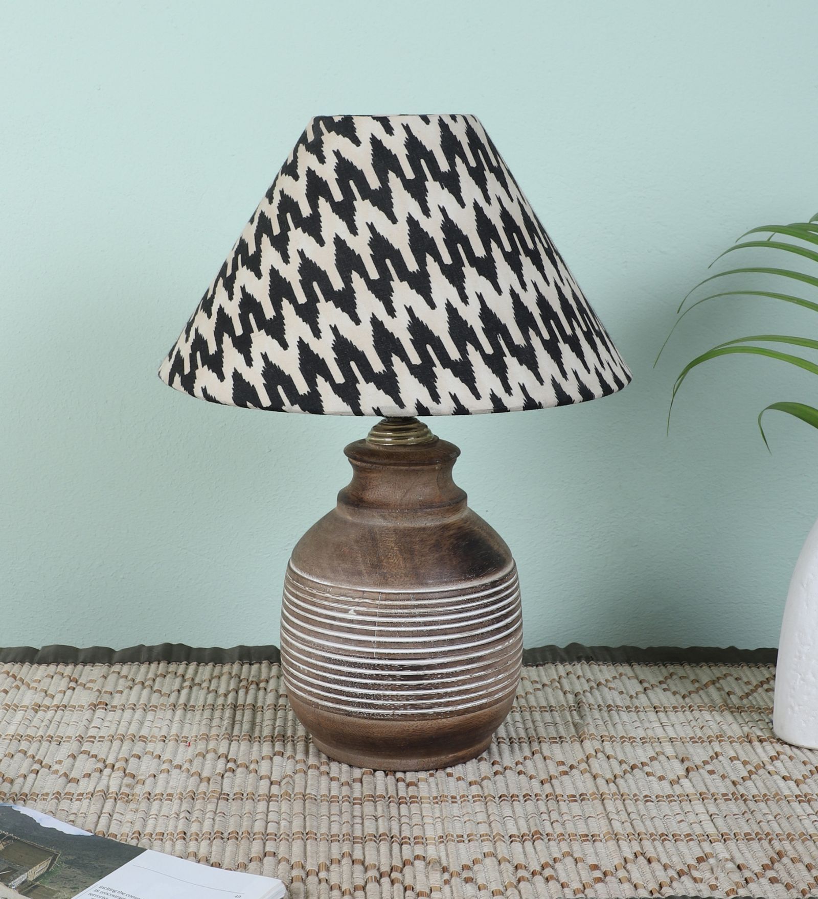 Hand Carved Mangowood Table Lamp With Chevron Print Satin Shade