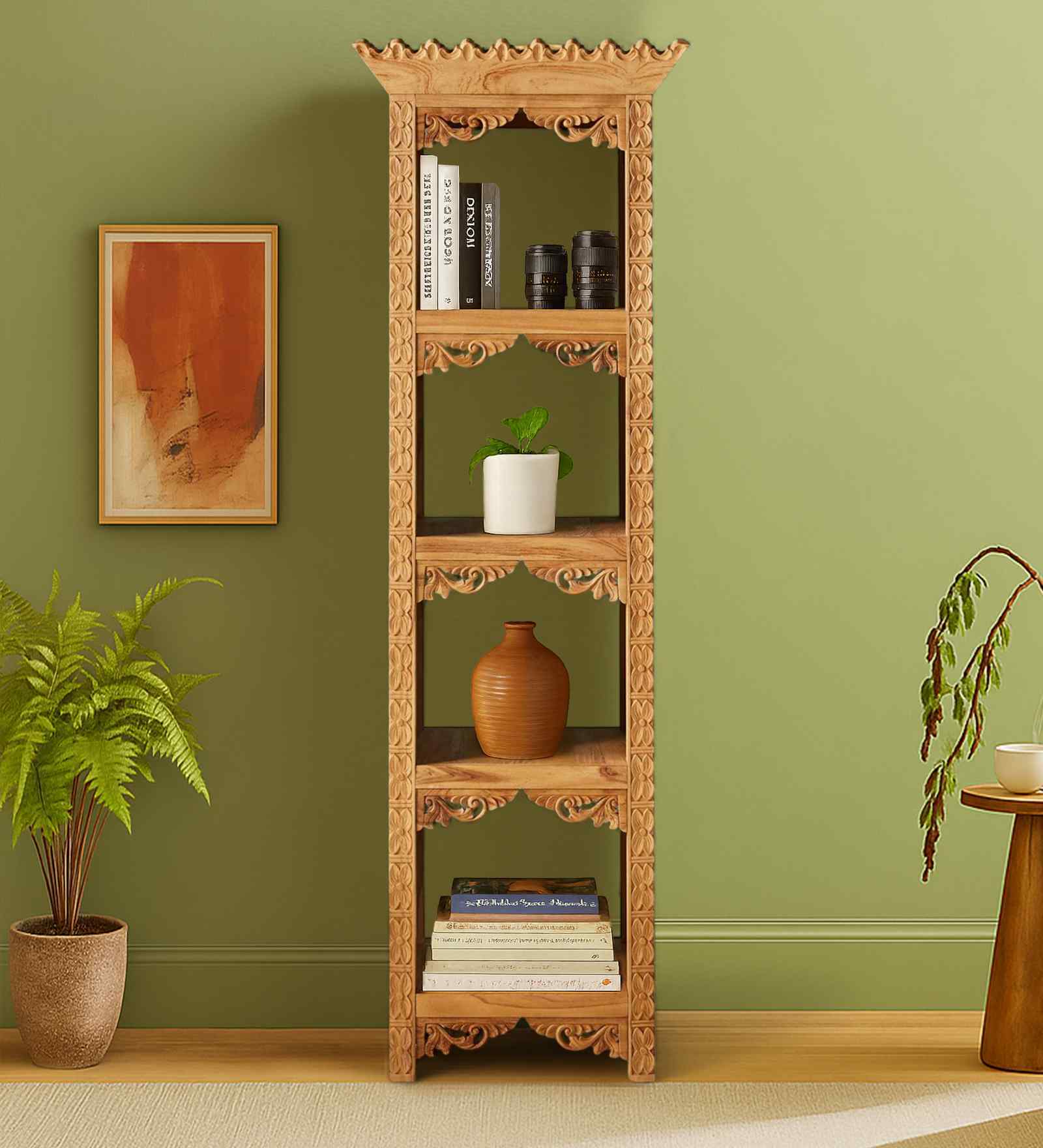 Ryce Hand Carved Bookshelf in Honey Finish