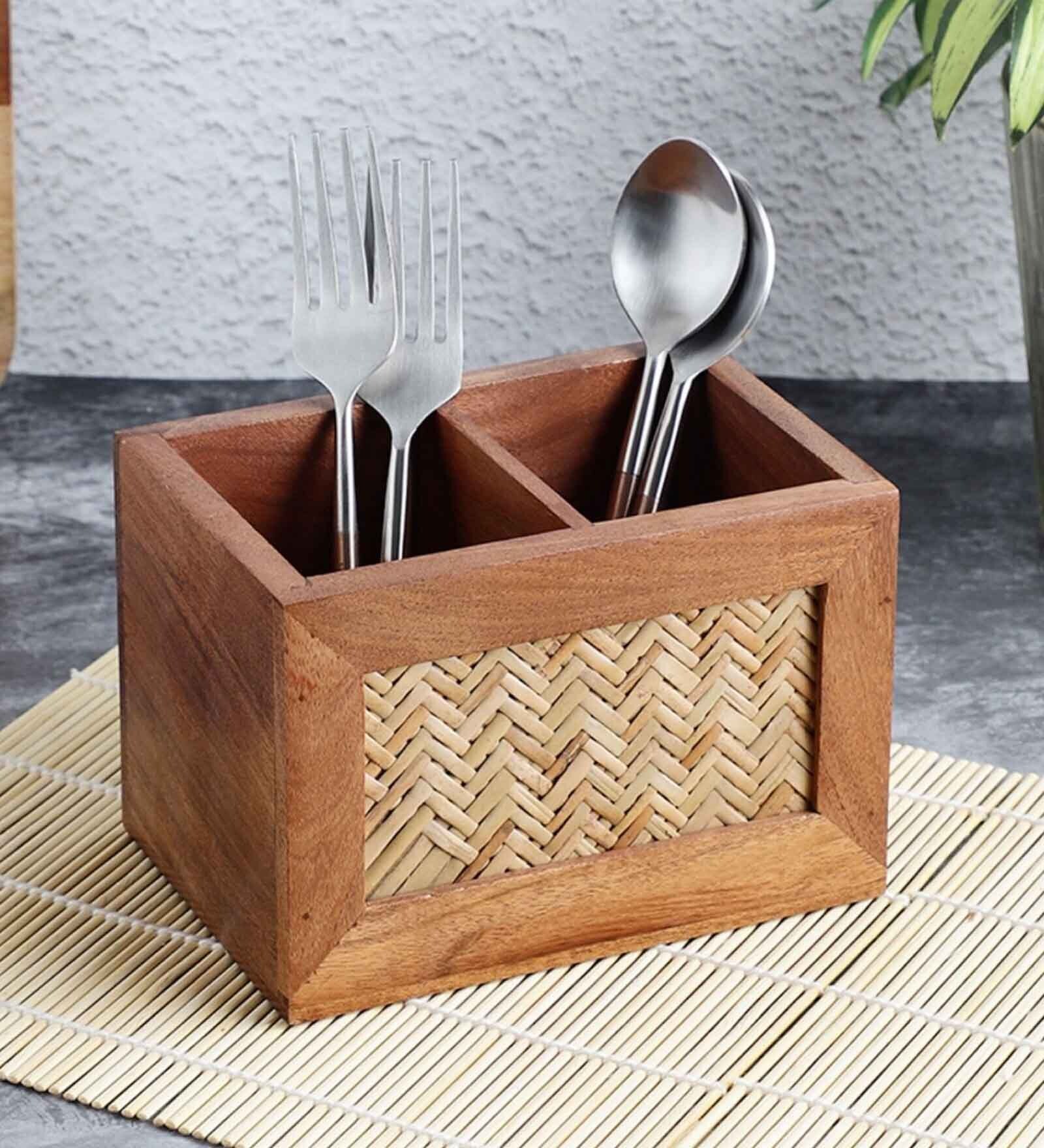 Hand Crafted  Acacia Wood Chatai Two Sections Spoon Holderor Cutlery Holderor Kitchen Caddy