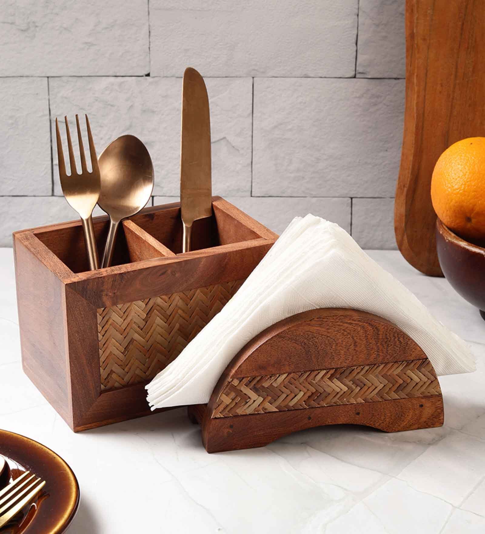 Hand Crafted Acacia Wood Chatai Cutlery & Tissue Holder Set