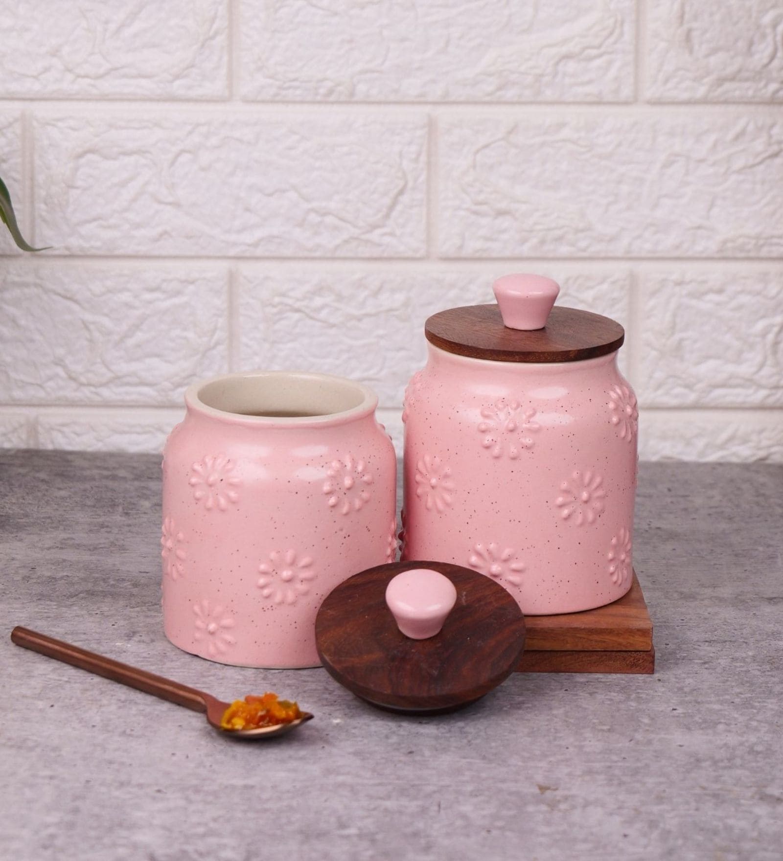 Hand Crafted Embossed Pink Ceramic Jar with Wooden Lid Set of 2