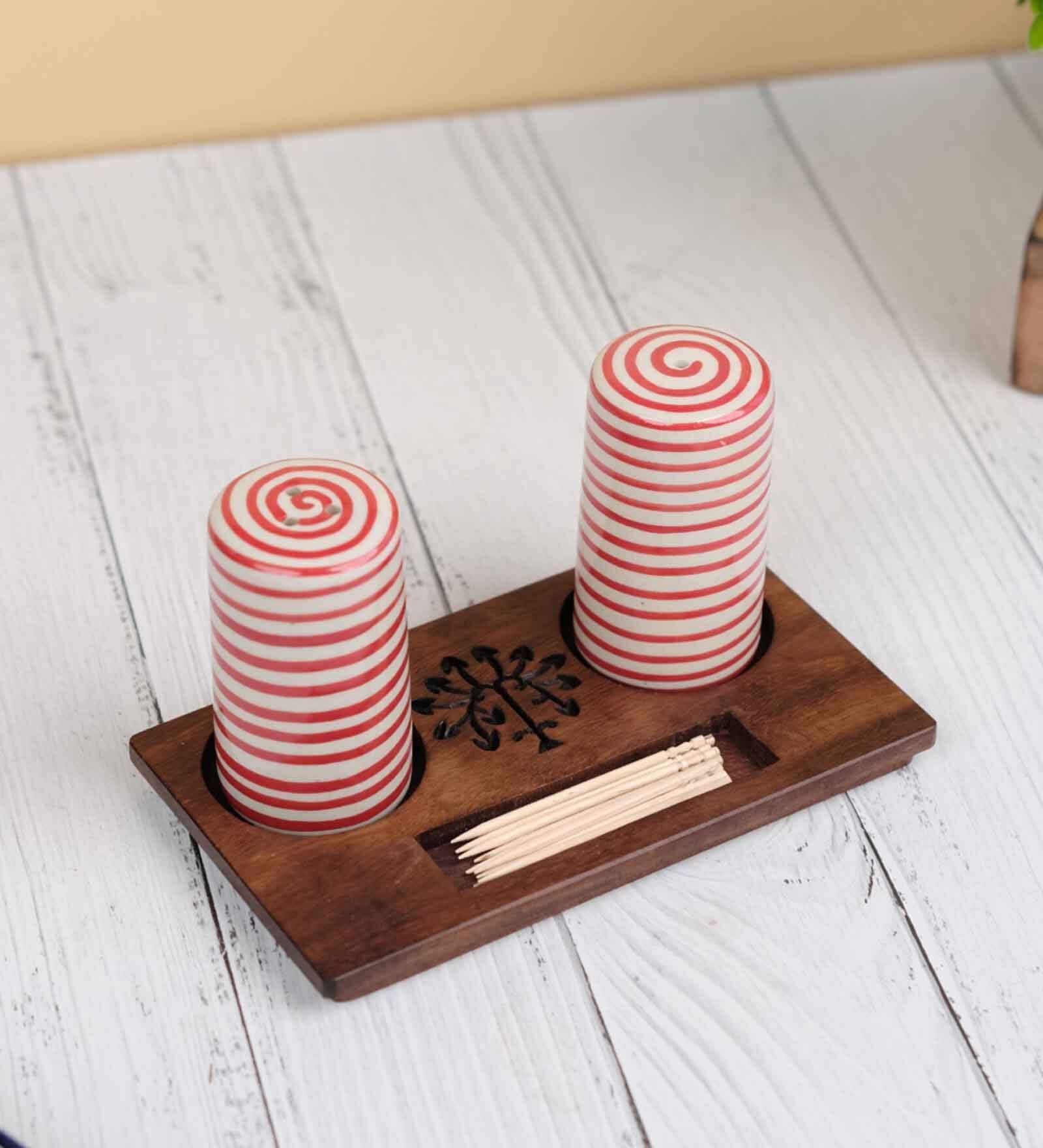 Hand Crafted Red Spiral Ceramic Salt n pepper & Wooden Toothpick Tray Holder
