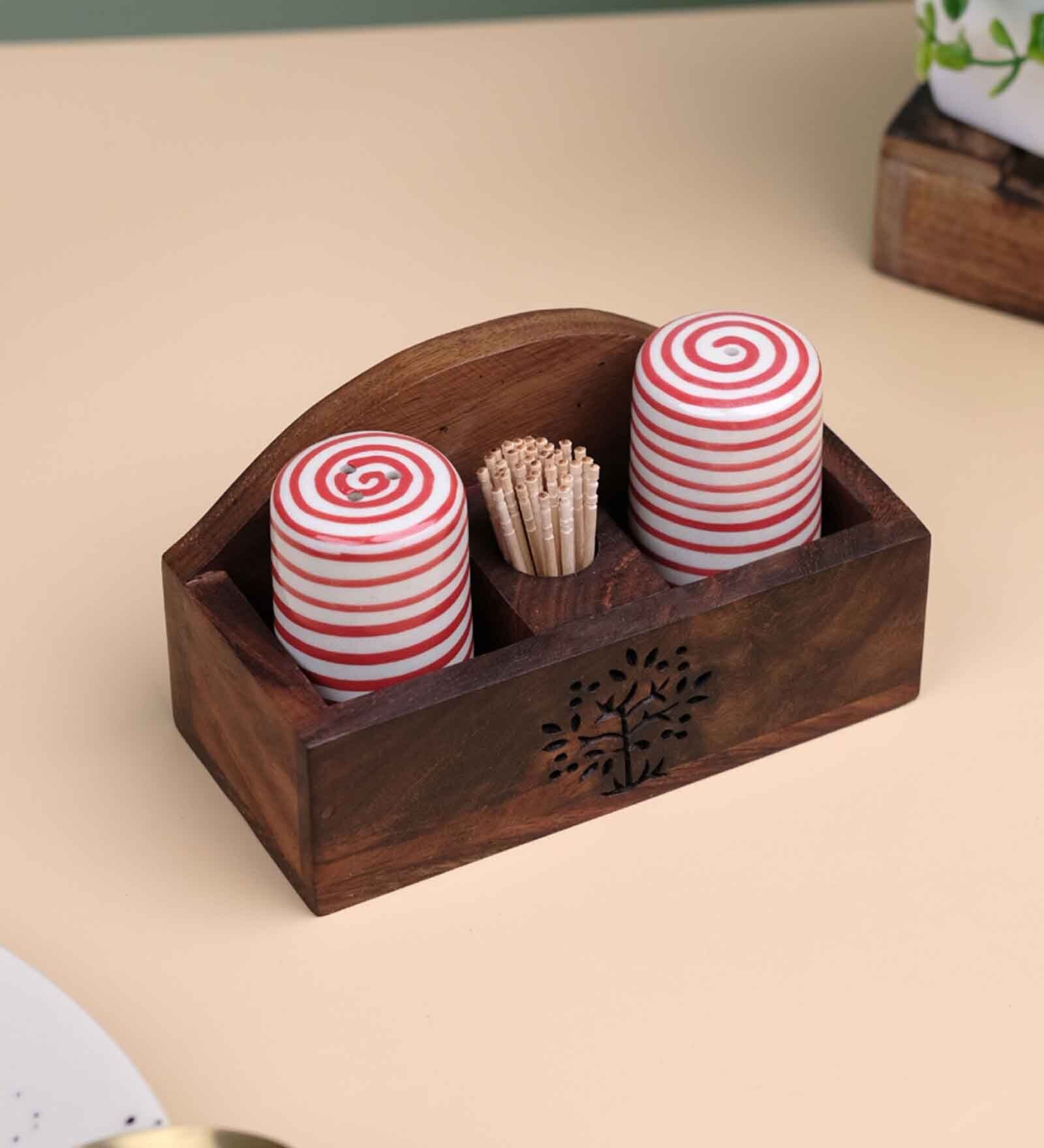 Hand Crafted Red Spiral Ceramic Salt n pepper with Tree of Life Wooden Toothpick Holder