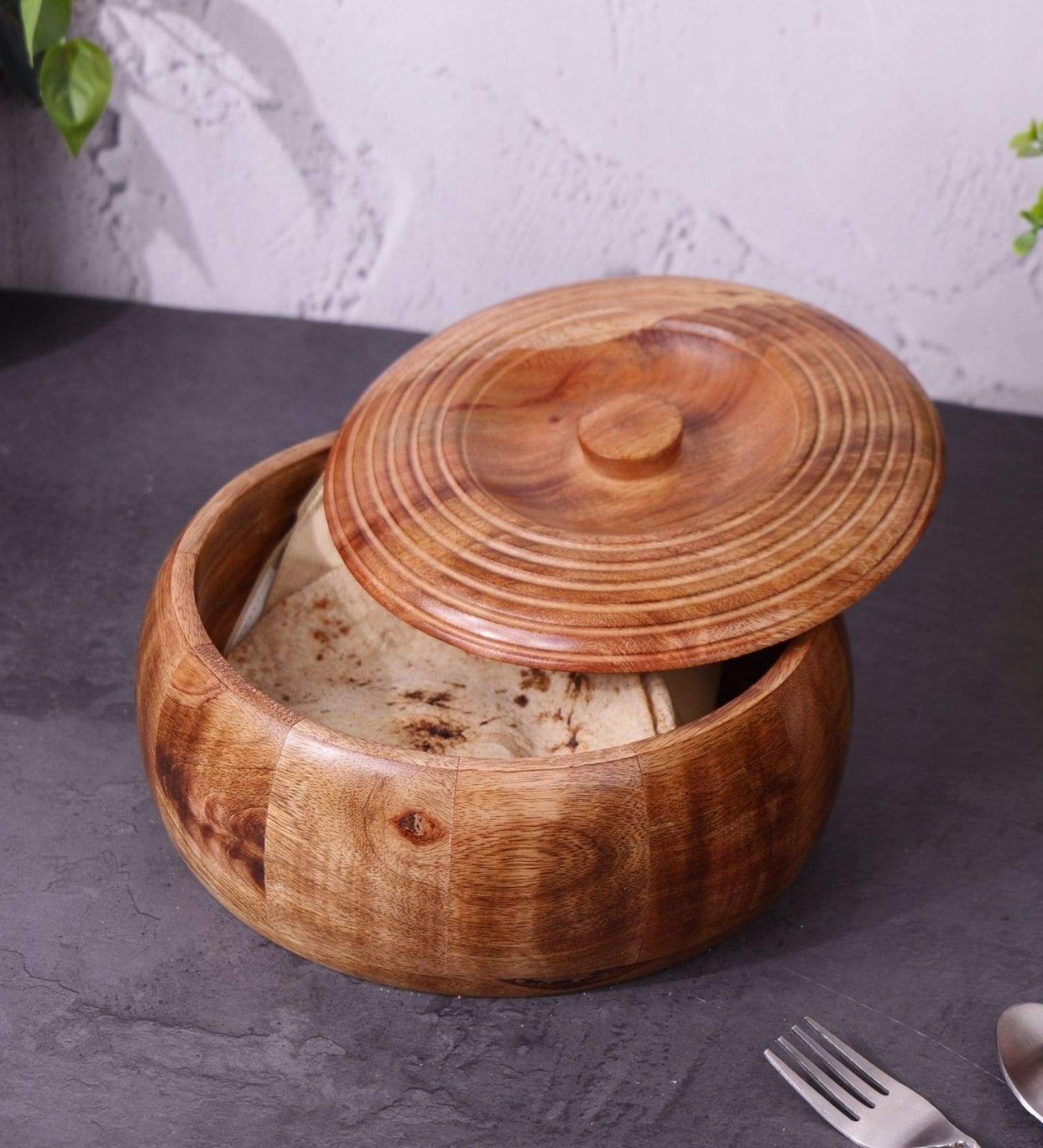 Hand Crafted Wooden Round Chapati Box with Spiral Carved Lid