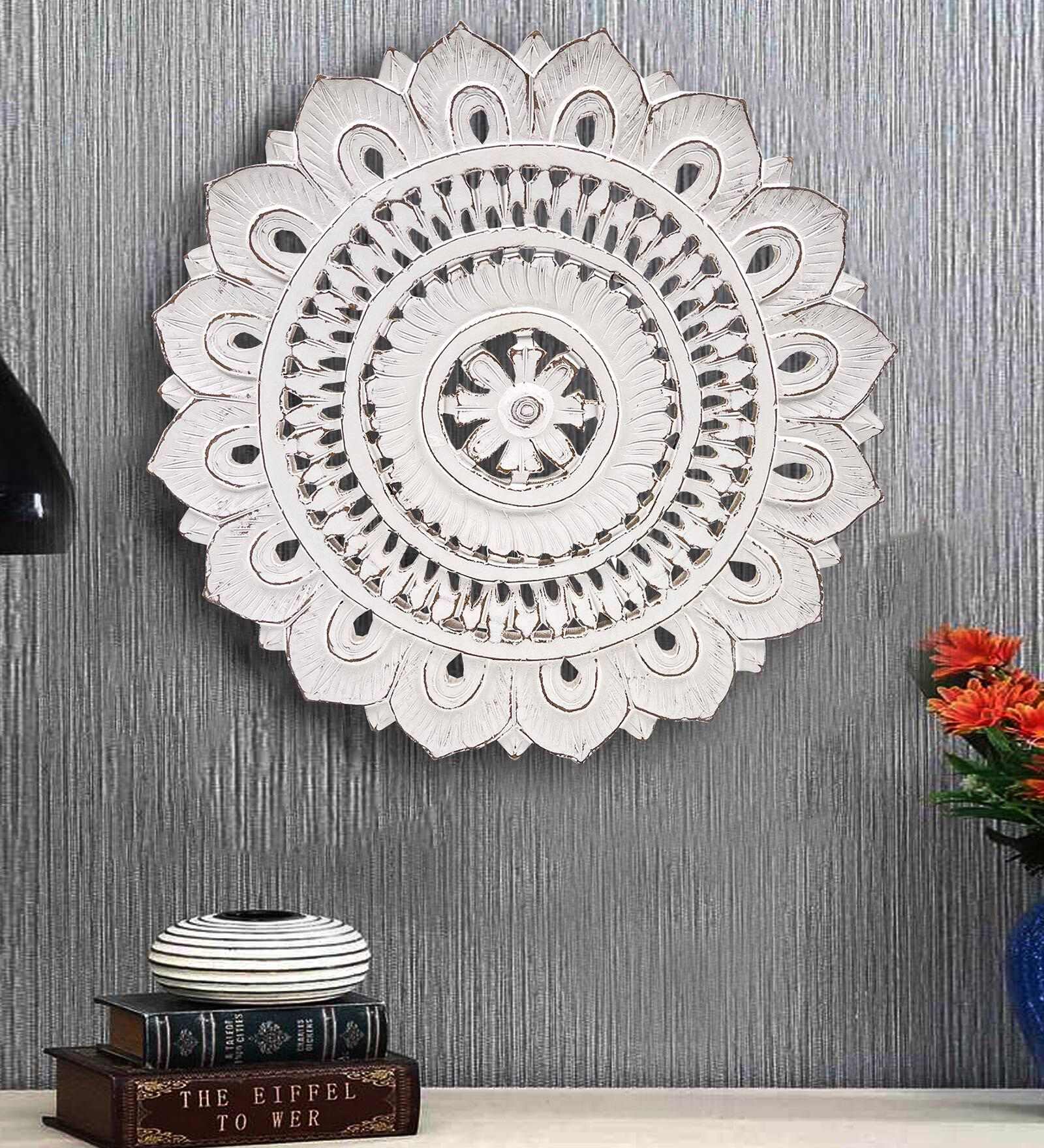 Hand Crafted Wooden Round Wall Art In White