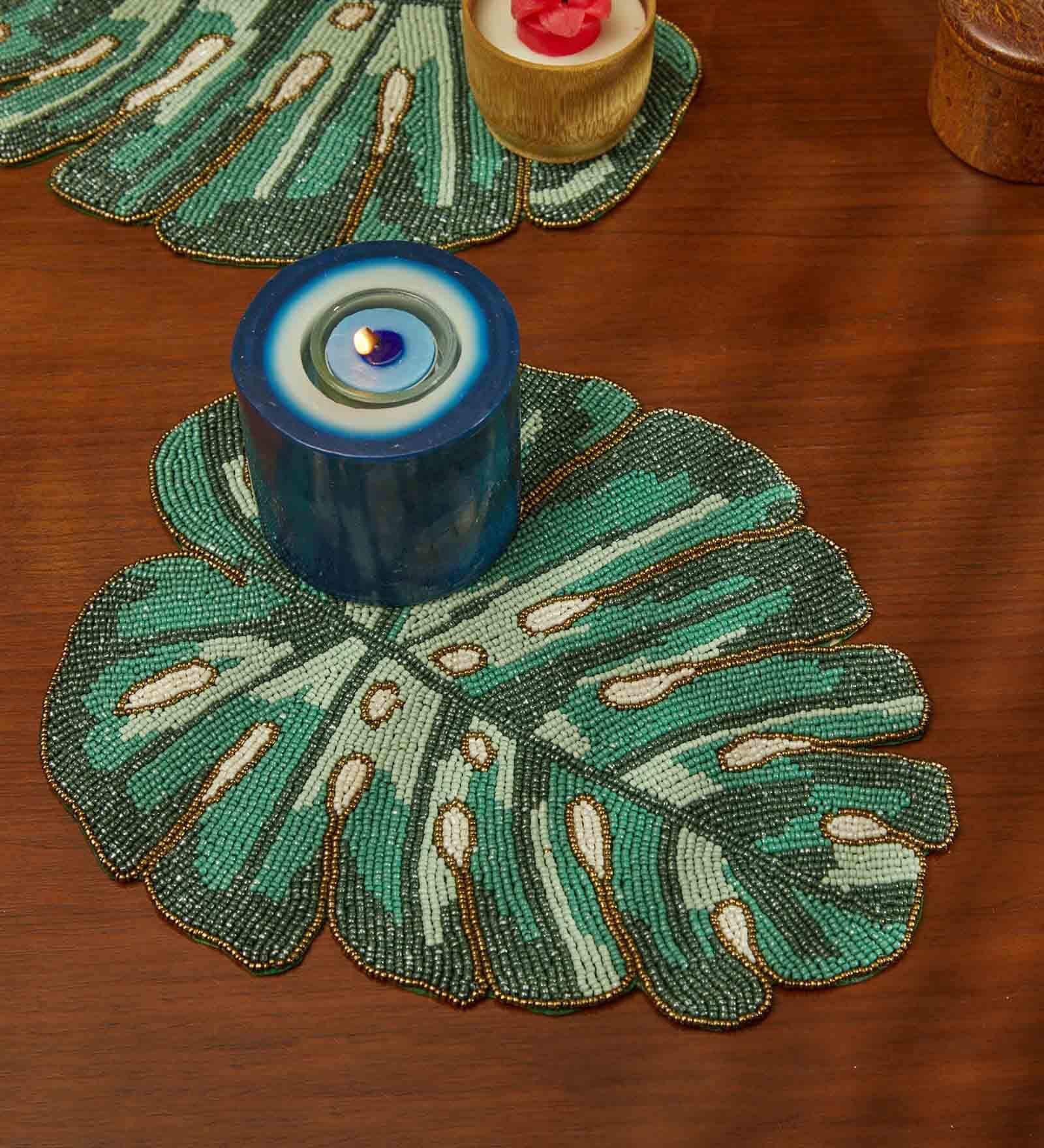 Hand embroidered Green Colour ( 18x12) Beads Table Placemat