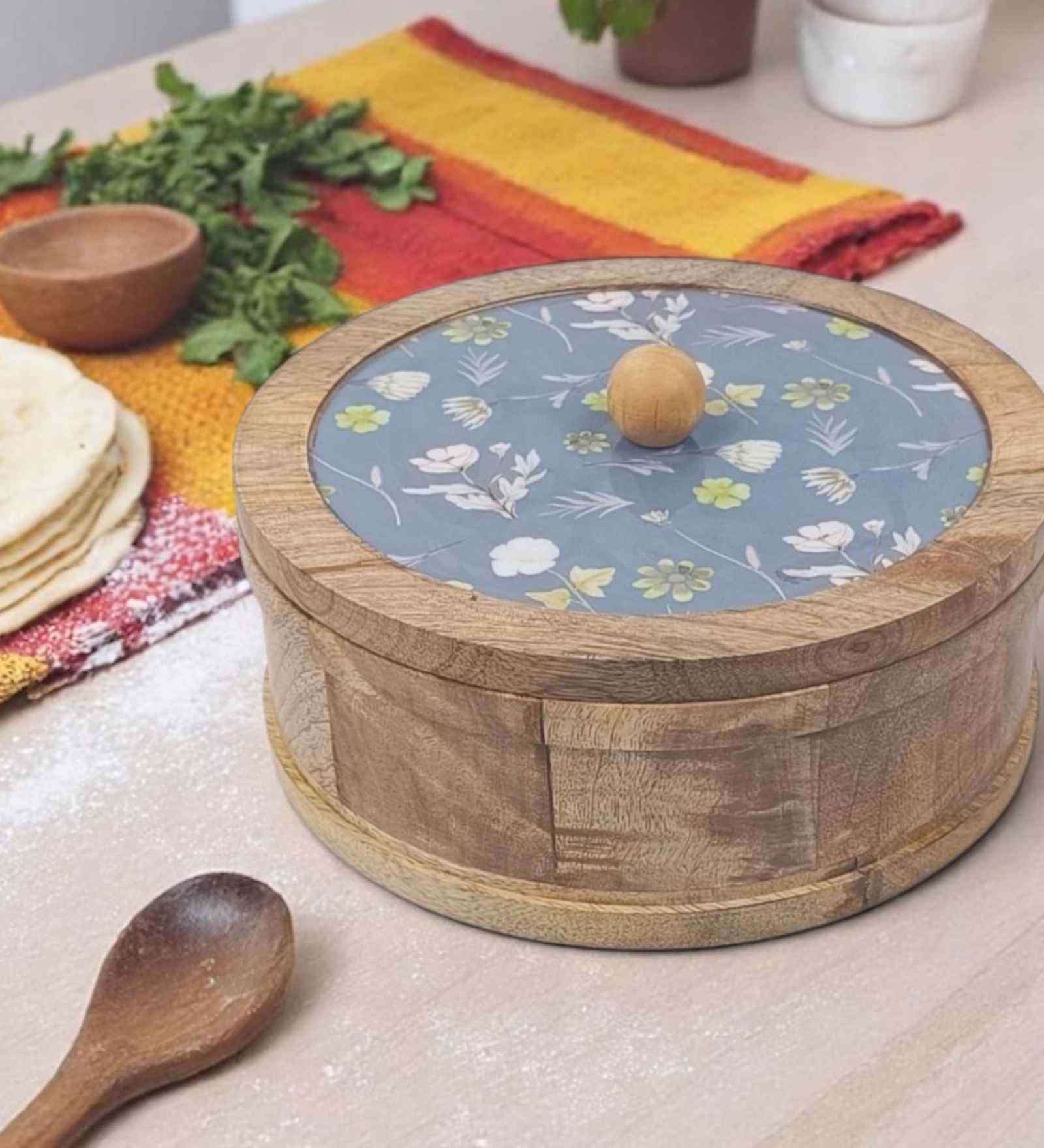 Hand-made Blue Floral Enameled Lid Mango Wood Chapati Box