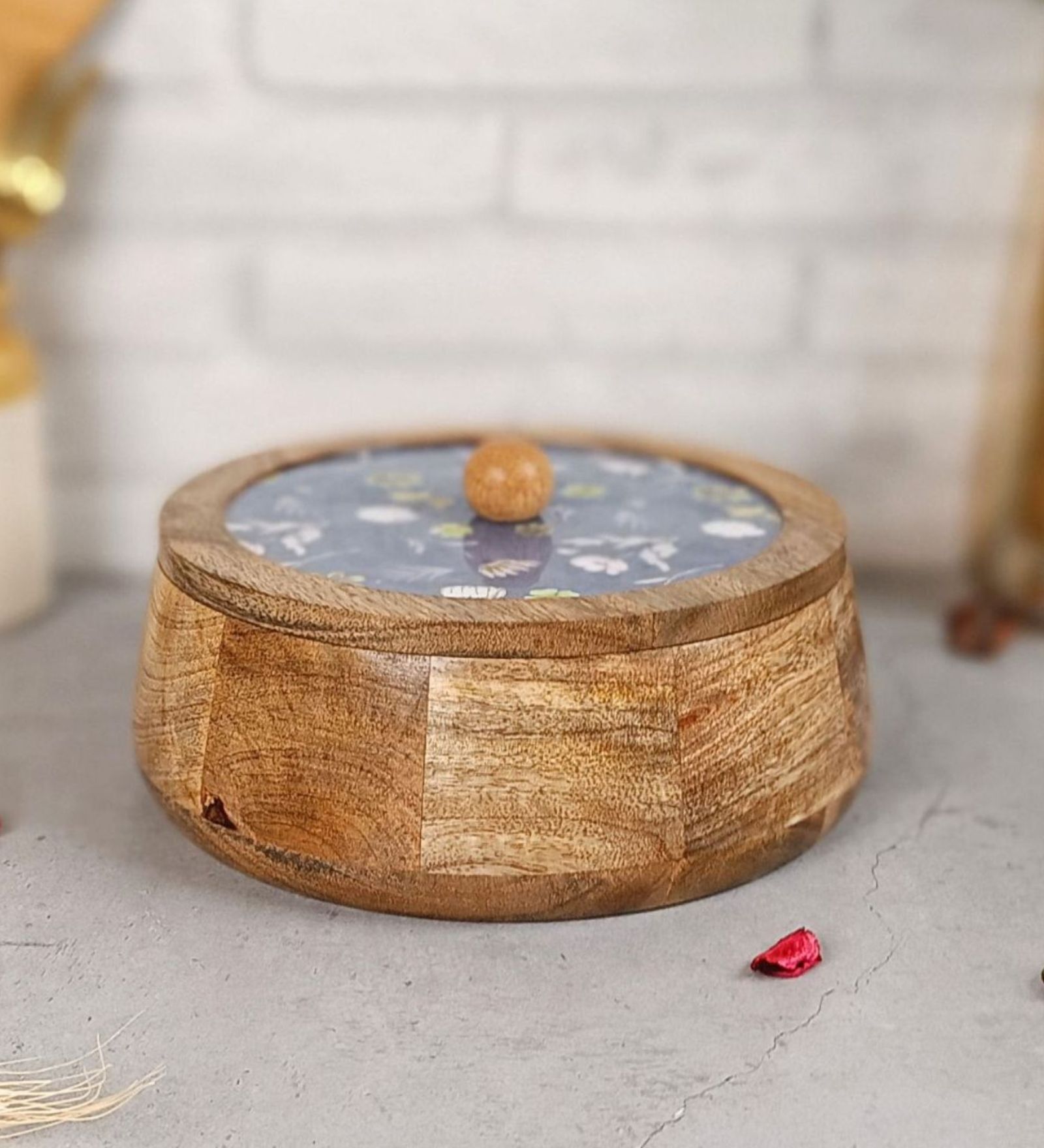 Hand-made Blue Floral Enameled Lid Mango Wood Taper Chapati Box