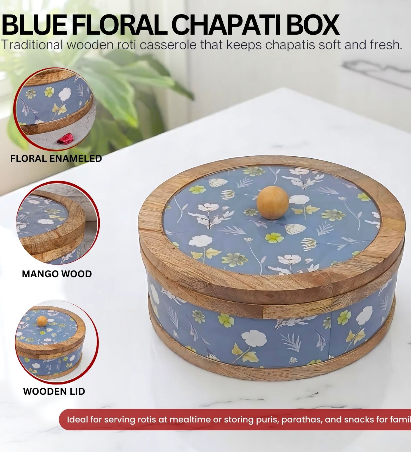 Hand-made Blue Floral Enameled Mango Wood Chapati Box