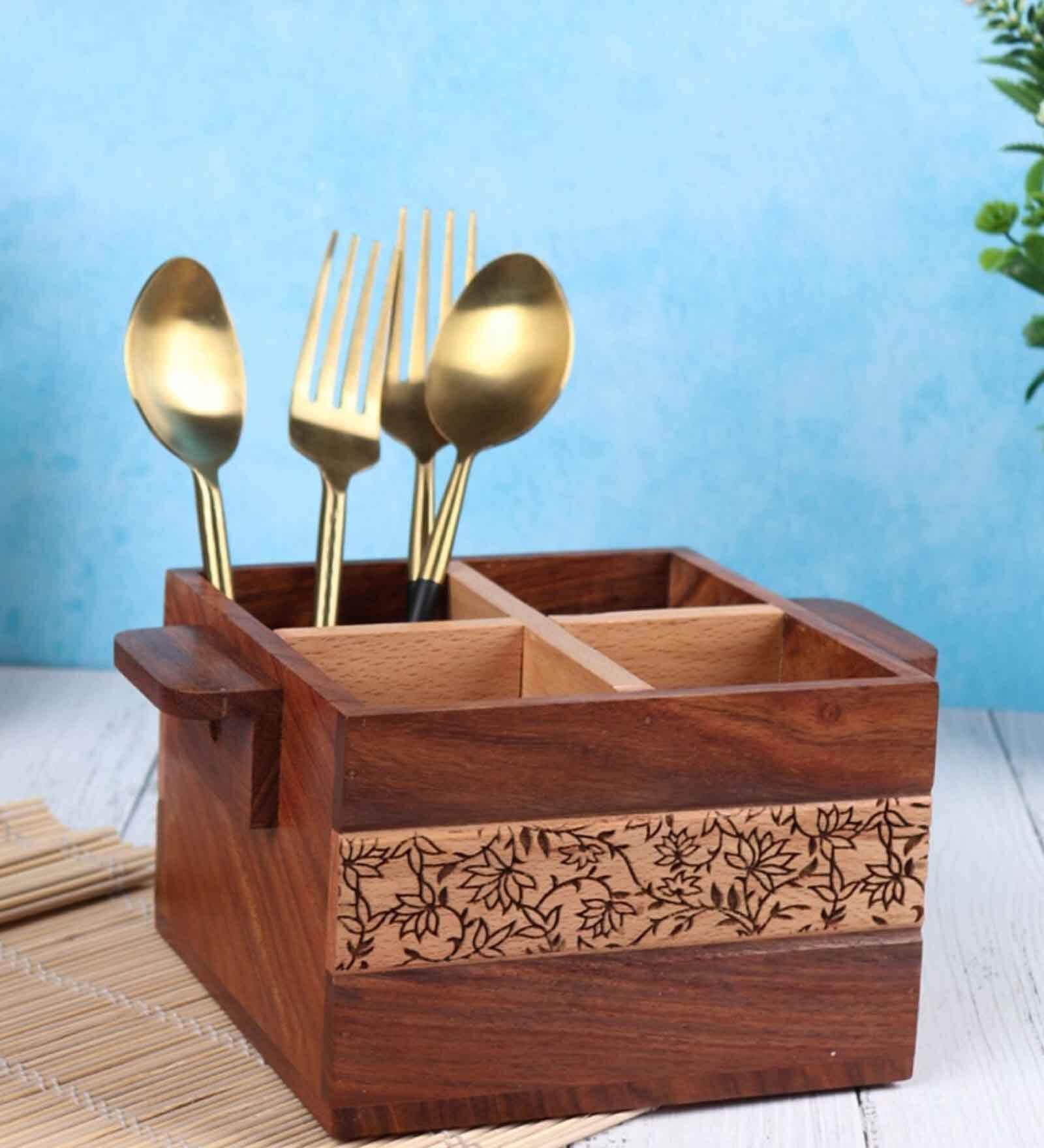 Hand-made Gul Four Part Sheesham Wood Cutlery Holderor Kitchen Caddy