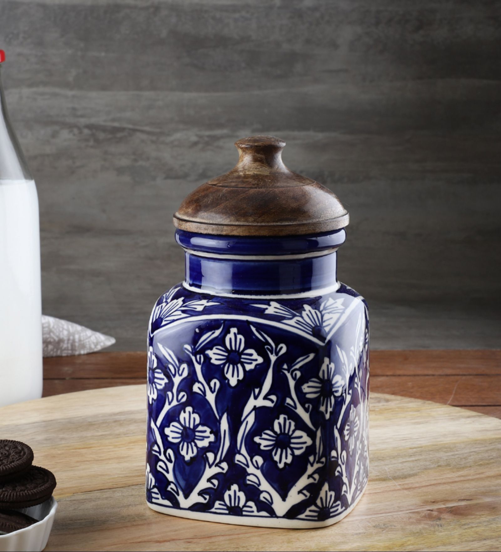 Hand Painted Blue Mughal Airtight Ceramic Jar with Wooden Lid