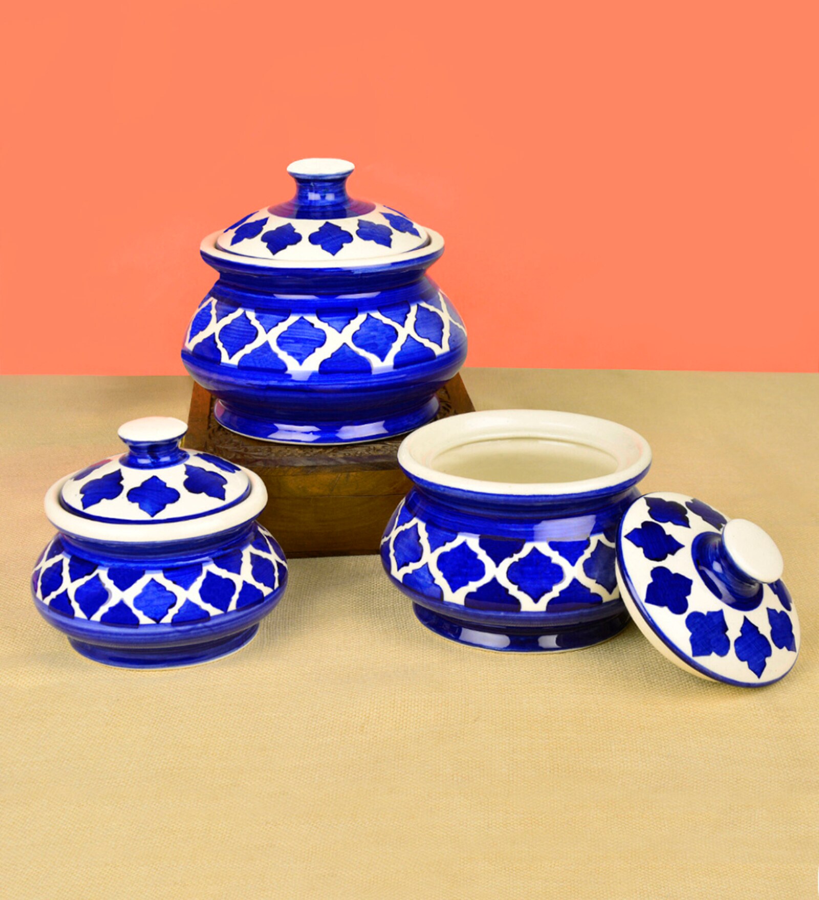 Hand Painted Ceramic Handi Set With Lid Set of 3