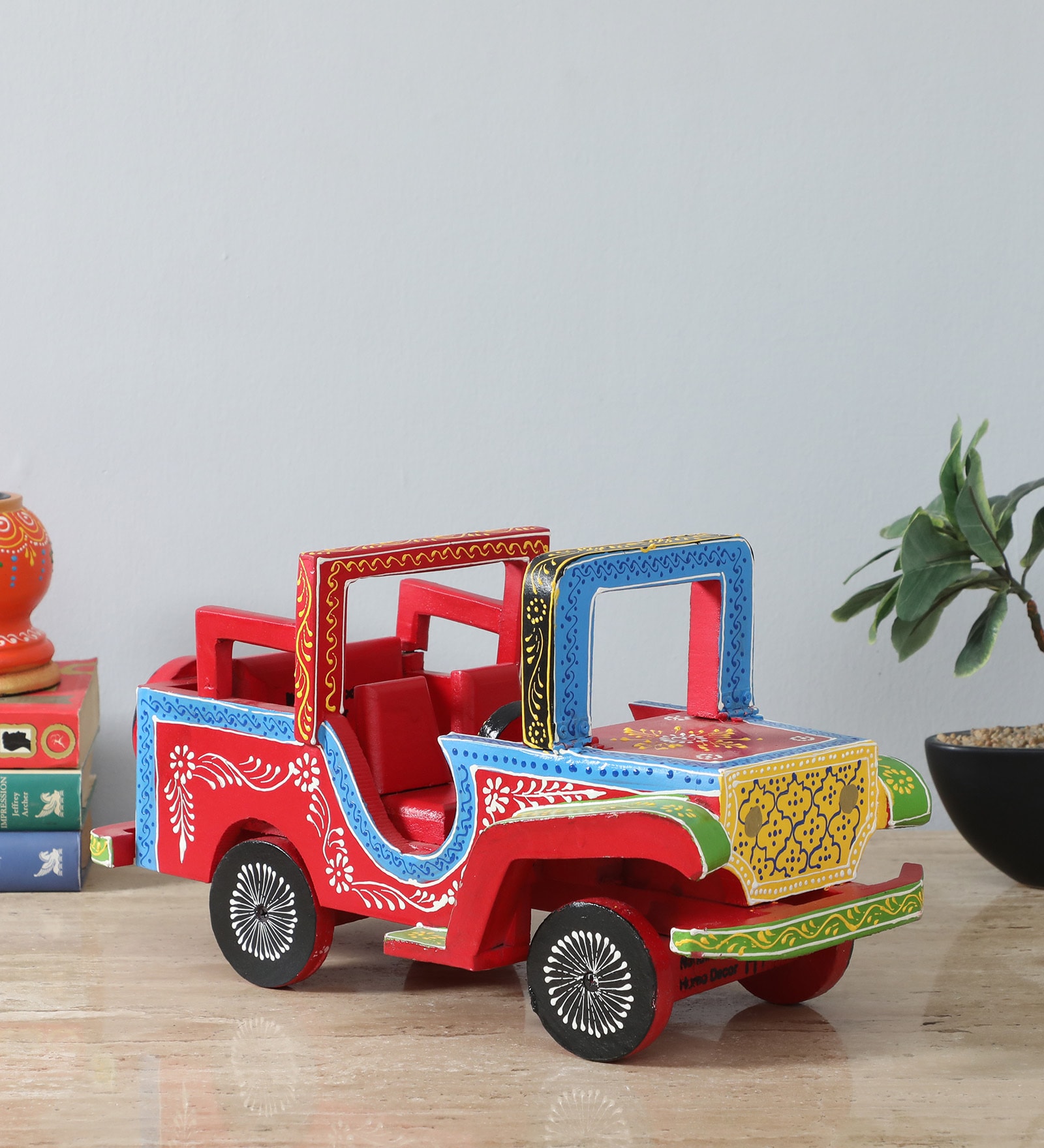 Hand Painted Decorative Unique Red Wooden Jeep