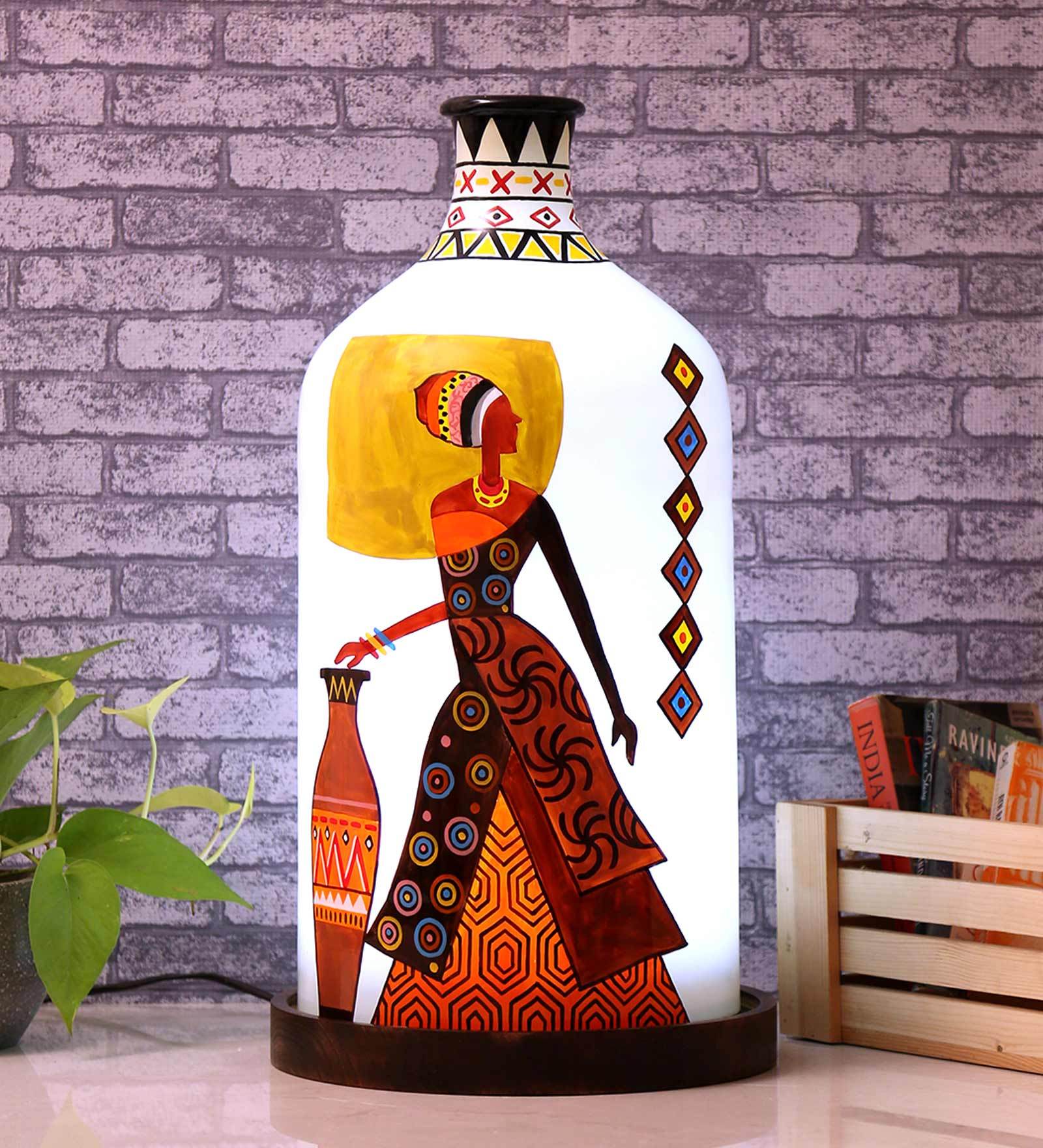 Hand Painted Laurentia Red White Glass Shade Table Led Lamp with Wooden Base