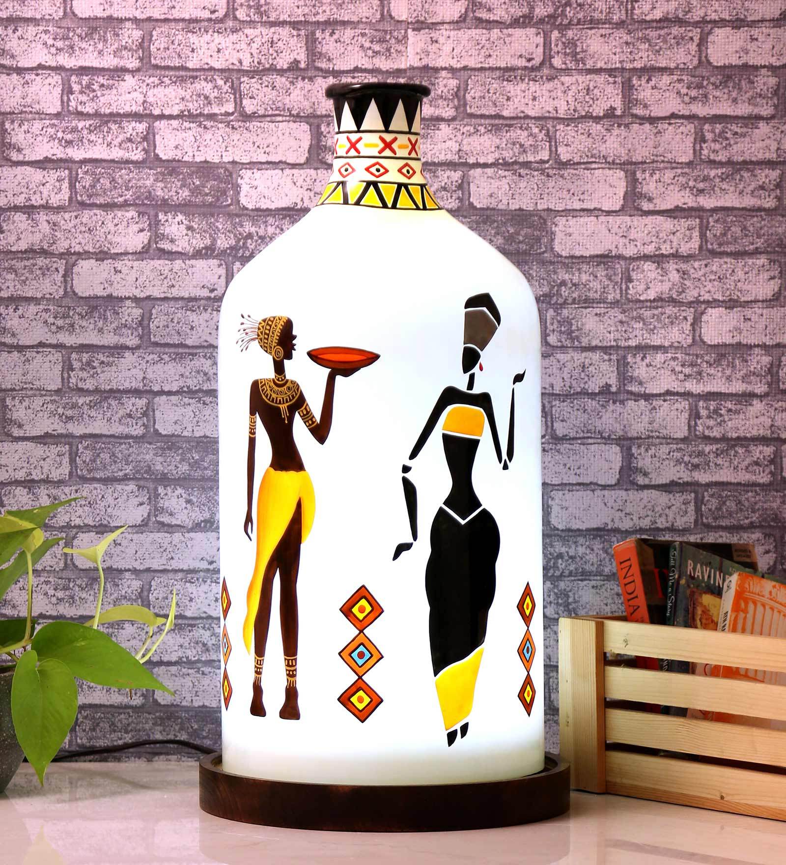 Hand Painted Laurentia White Glass Shade Table LED Lamp With Wooden Base