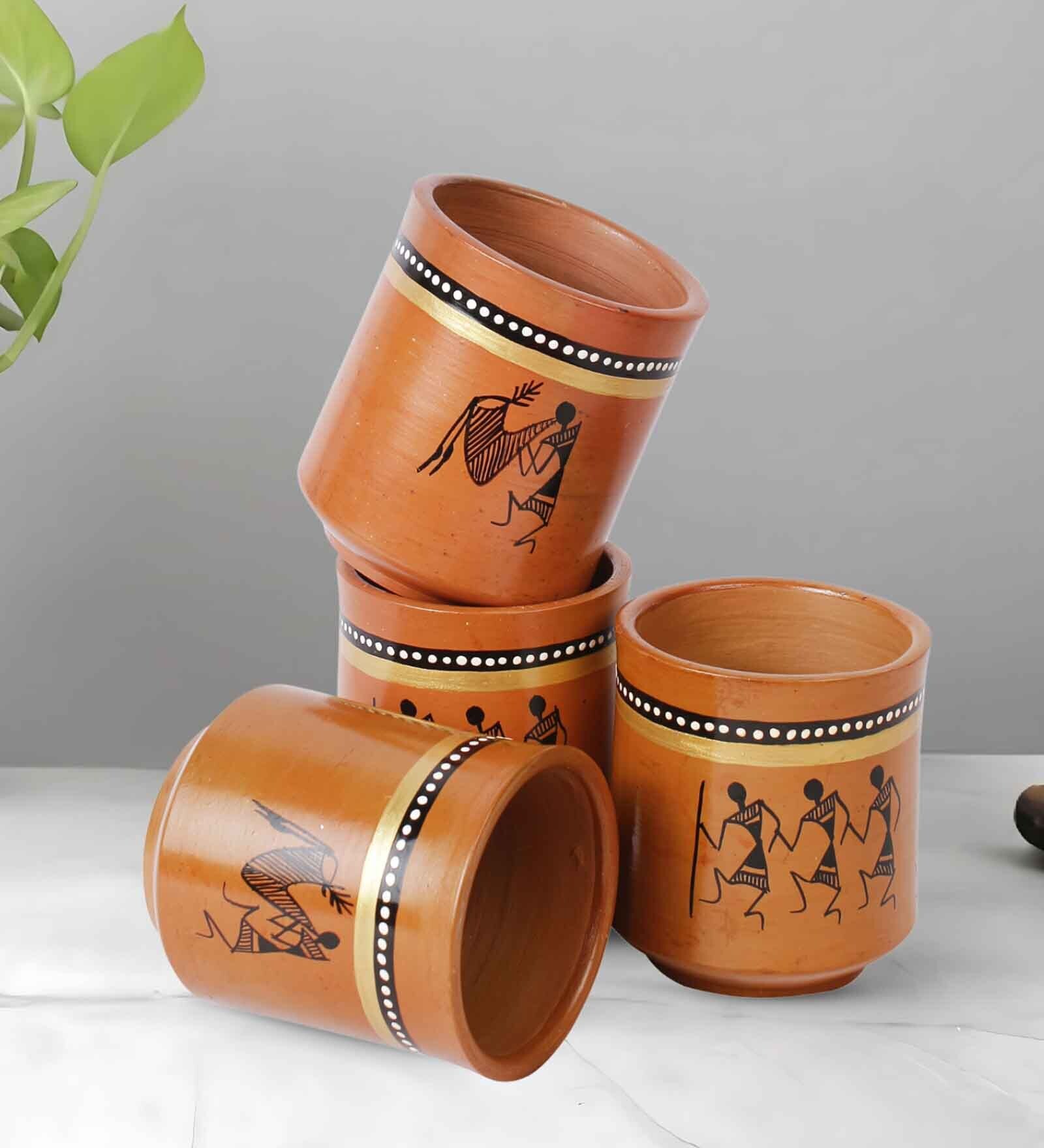 Hand Painted Warli Terracotta Tumblers (Set of 4) Hand Painted Warli Terracotta Tumblers (Set of 4)