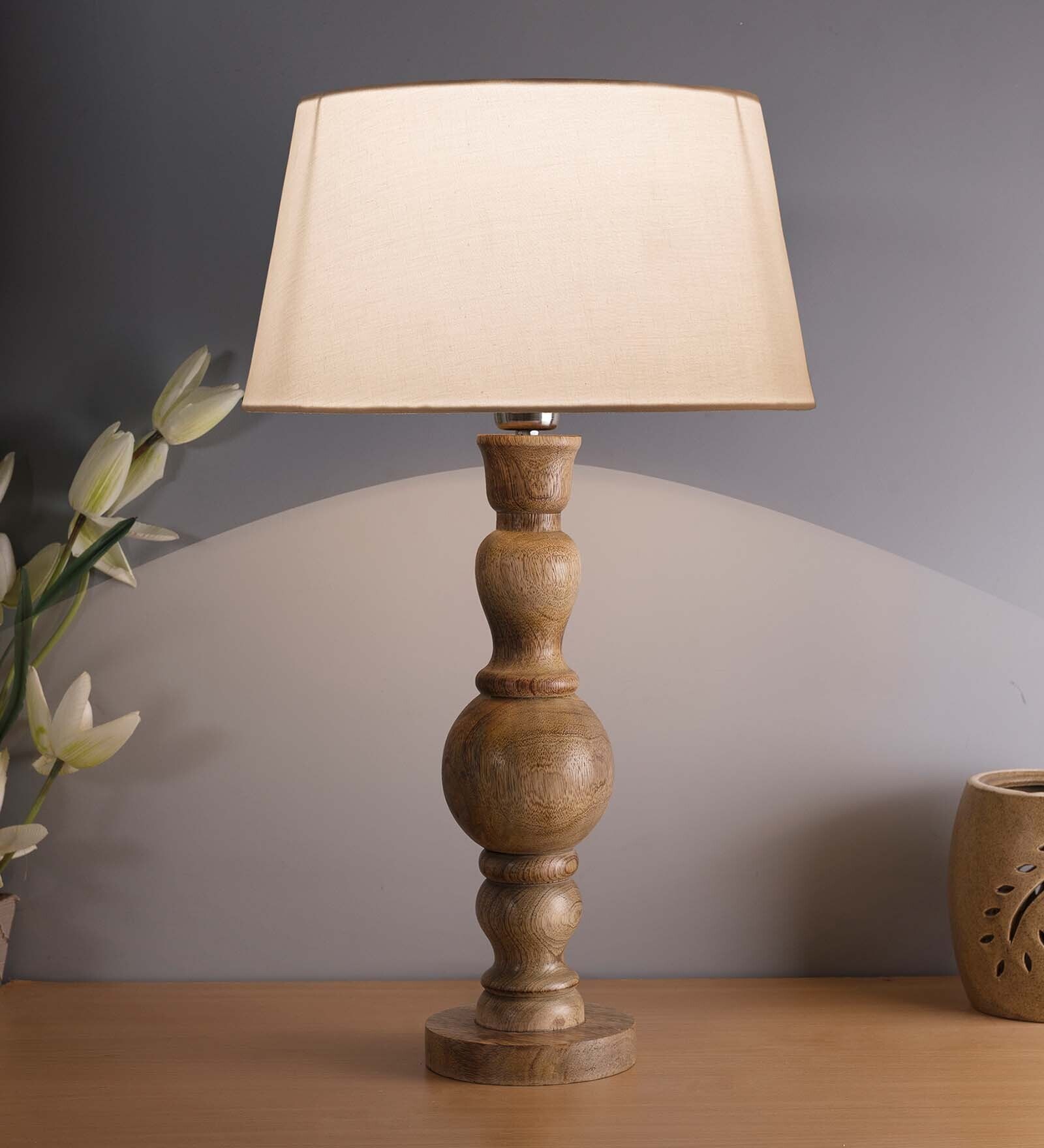 Hand Turned Wood Bubble Bedside Table Lamp, Golden Cone Shade