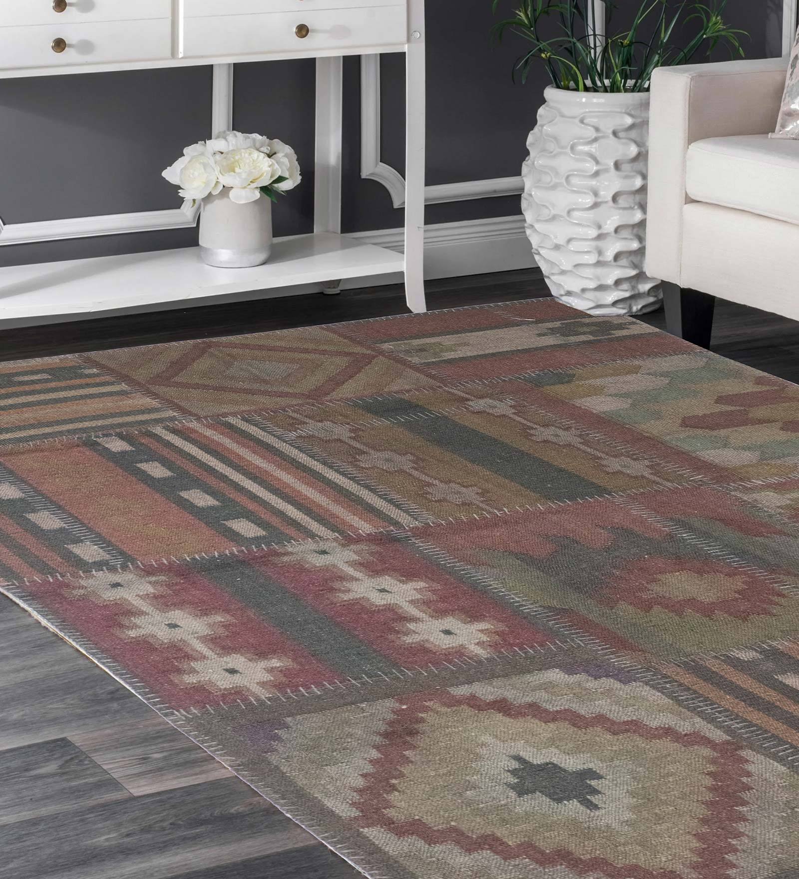 Multicolor Wool & Jute Hand Woven 5 X 7 Feet Dhurrie