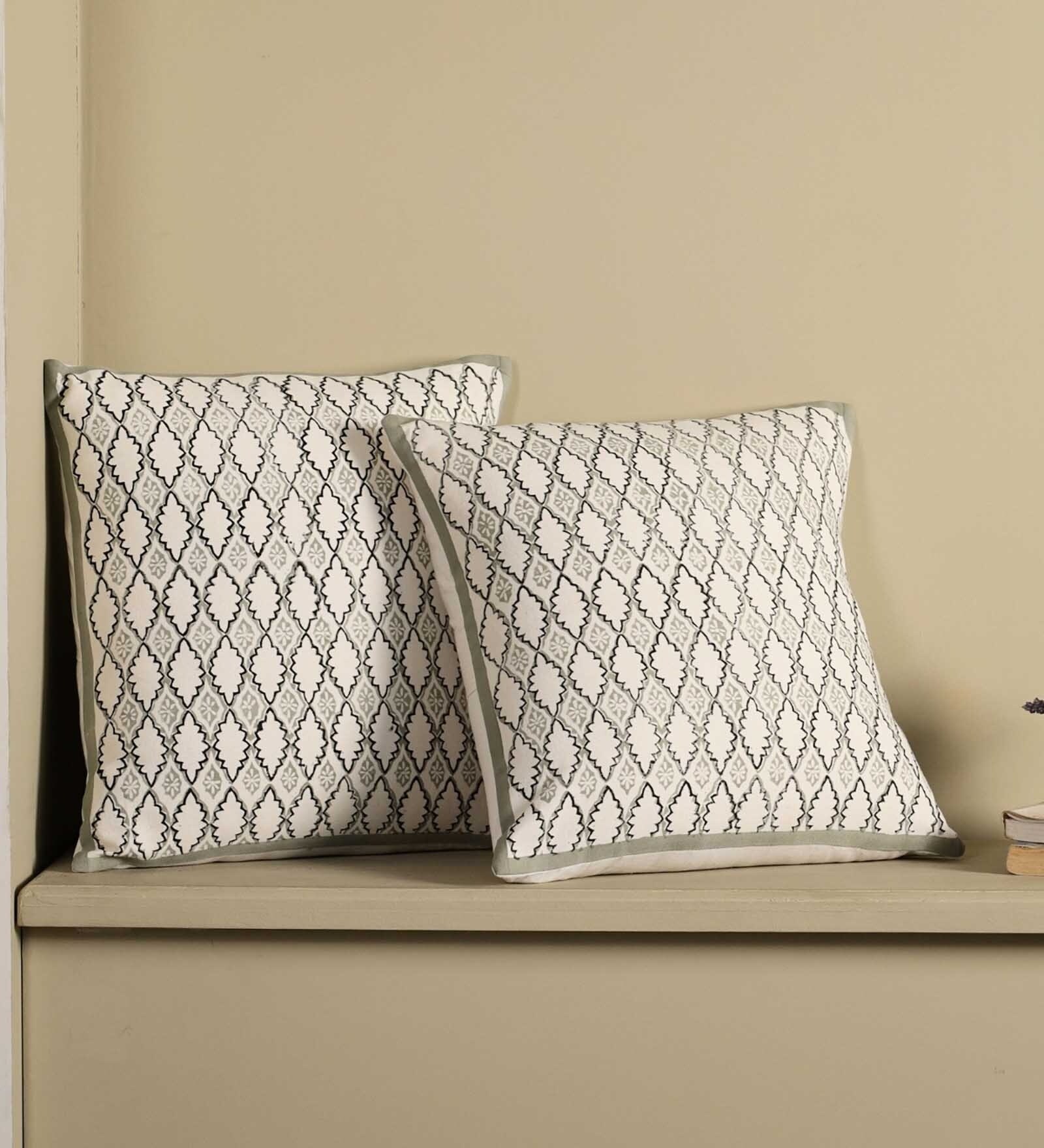 Handblock Printed Cotton Aqua Green and Off White Geometric Pattern Set of 2 (18x18inches) Cushion Covers