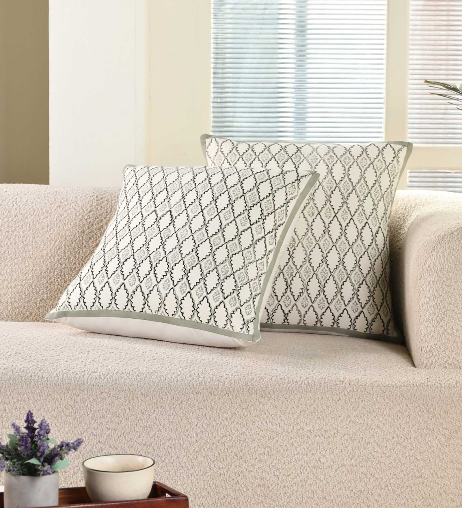 Handblock Printed Cotton Aqua Green and Off White Geometric Pattern Set of 4 (18x18inches) Cushion Covers