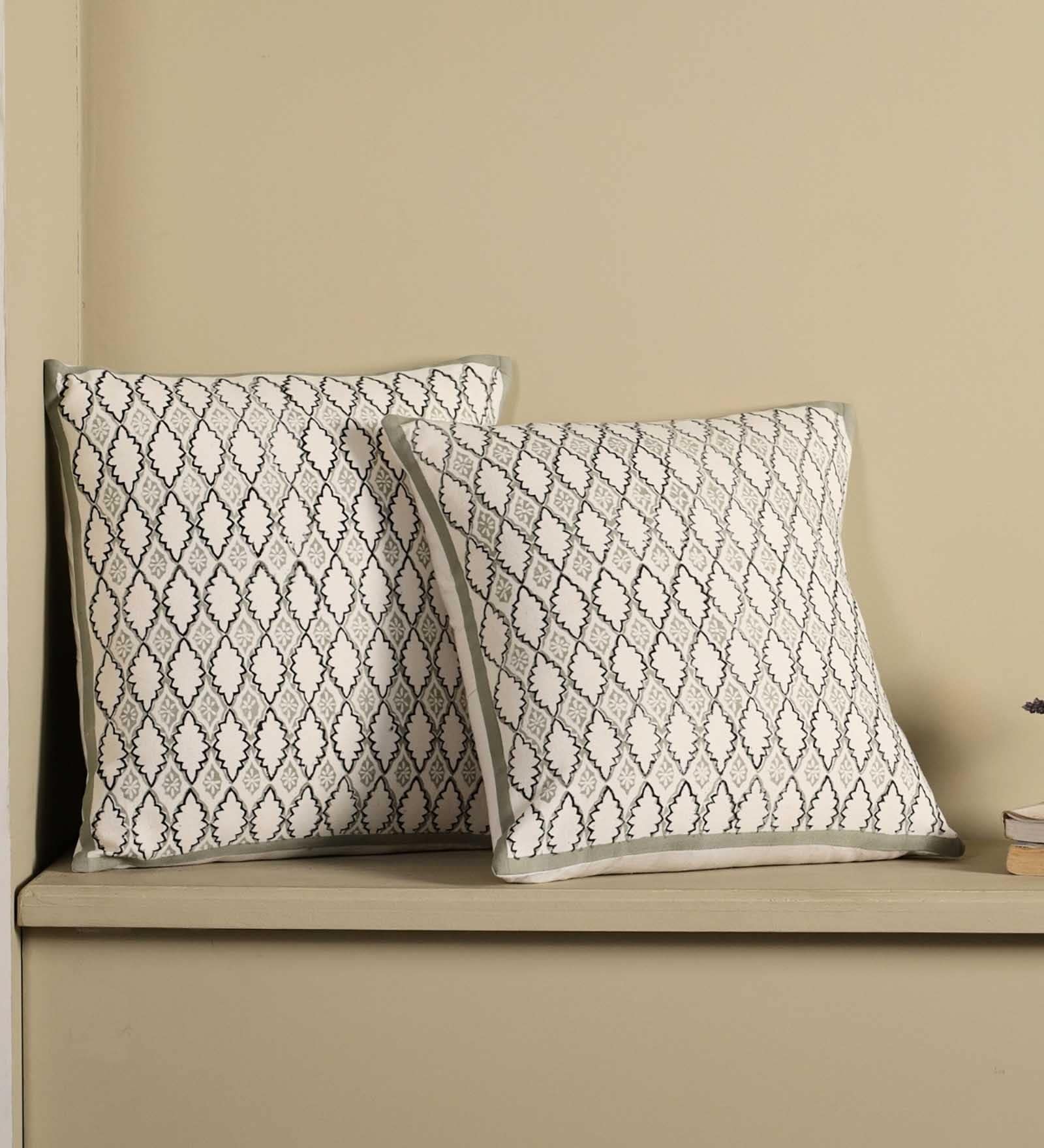 Set Of 5 18X18Inches Handblock Printed Cotton Aqua Green & Off White Geometric Cushion Covers