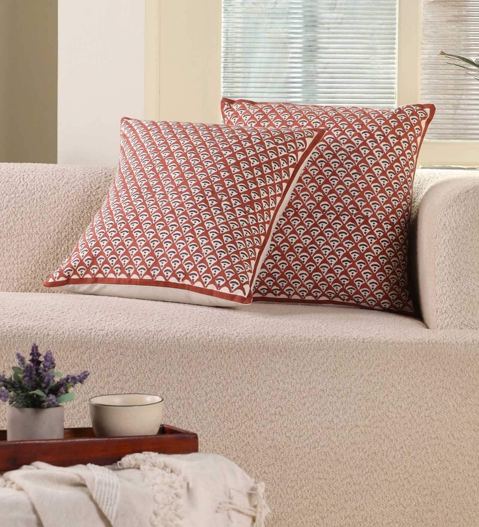 Handblock Printed Cotton Geometric Pattern Maroon and Black Set of 2 (18x18inches) Cushion Covers