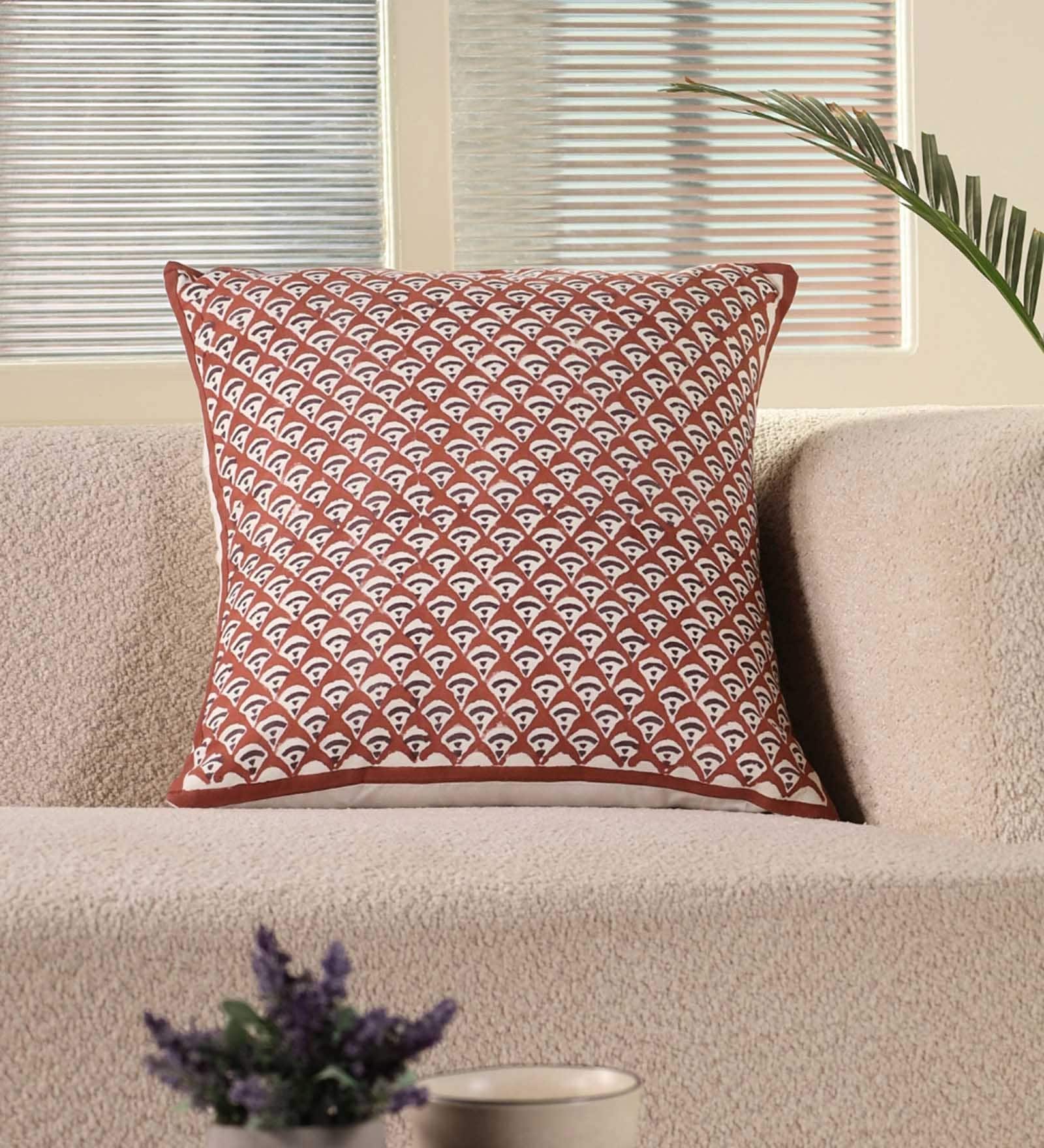 Handblock Printed Cotton Geometric Pattern Maroon and Black Set of 3 (18x18inches) Cushion Covers