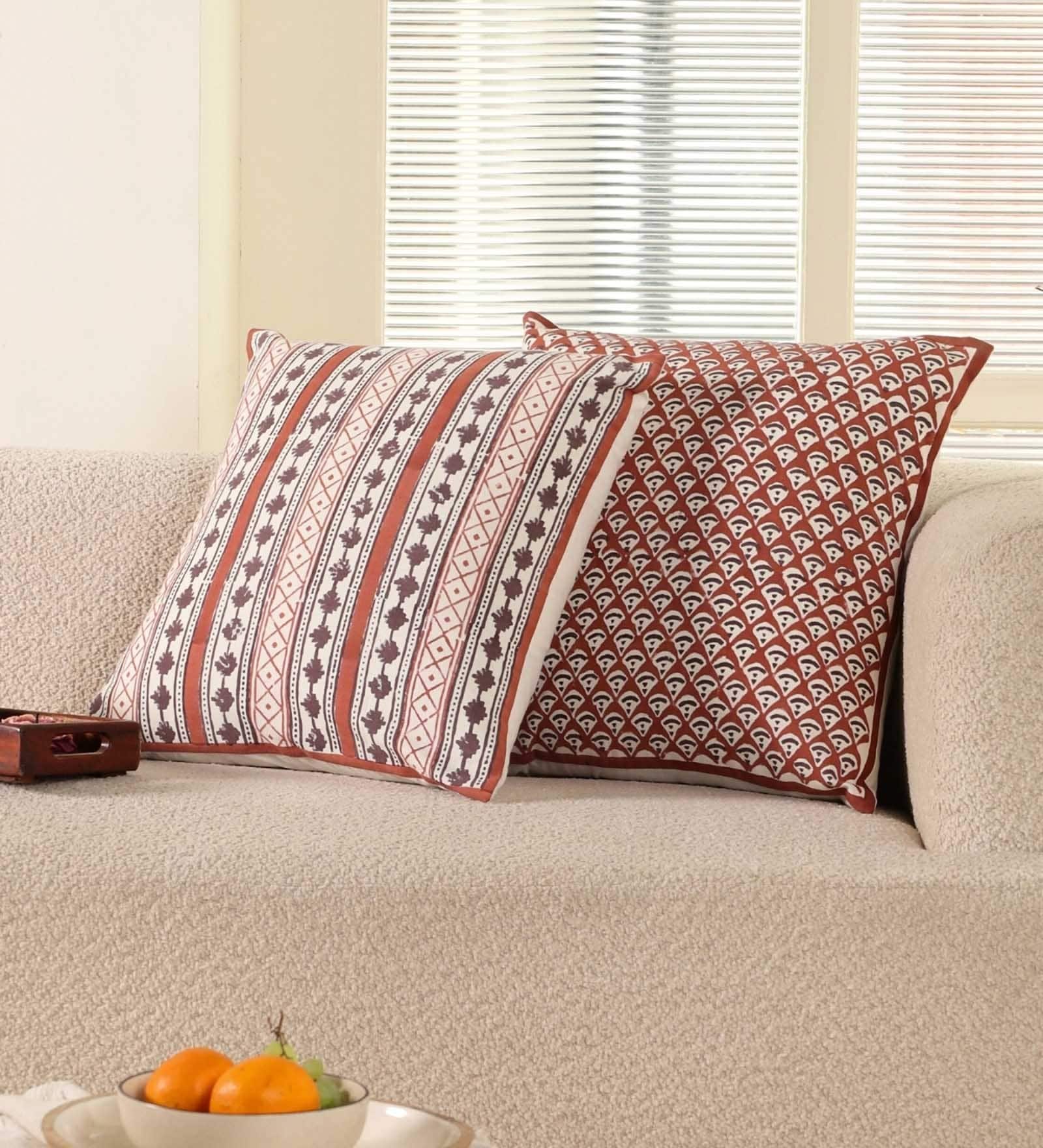 Handblock Printed Cotton Unique Maroon and Black Pattern (18x18inches) Cushion Covers