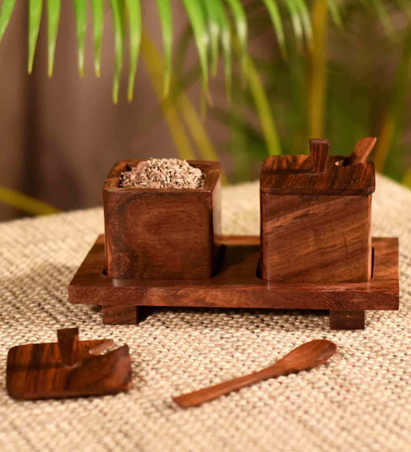 Handcarved Refreshment Missing Mango Wood 2Pcs Condiment Jar with Spoon & Tray