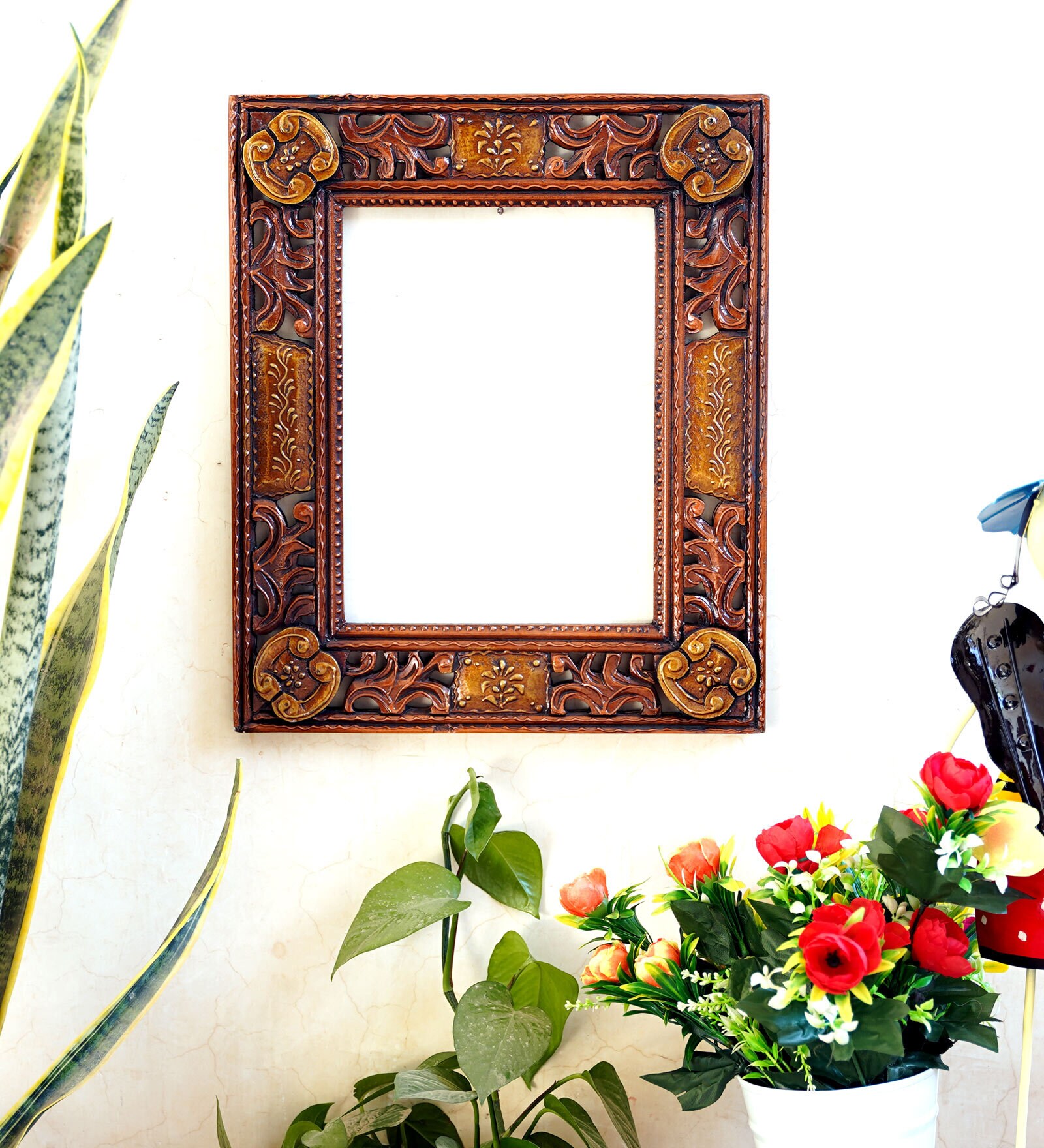 Engineered Wood Copper Finish Hand carved (Handpainted) Jharokha