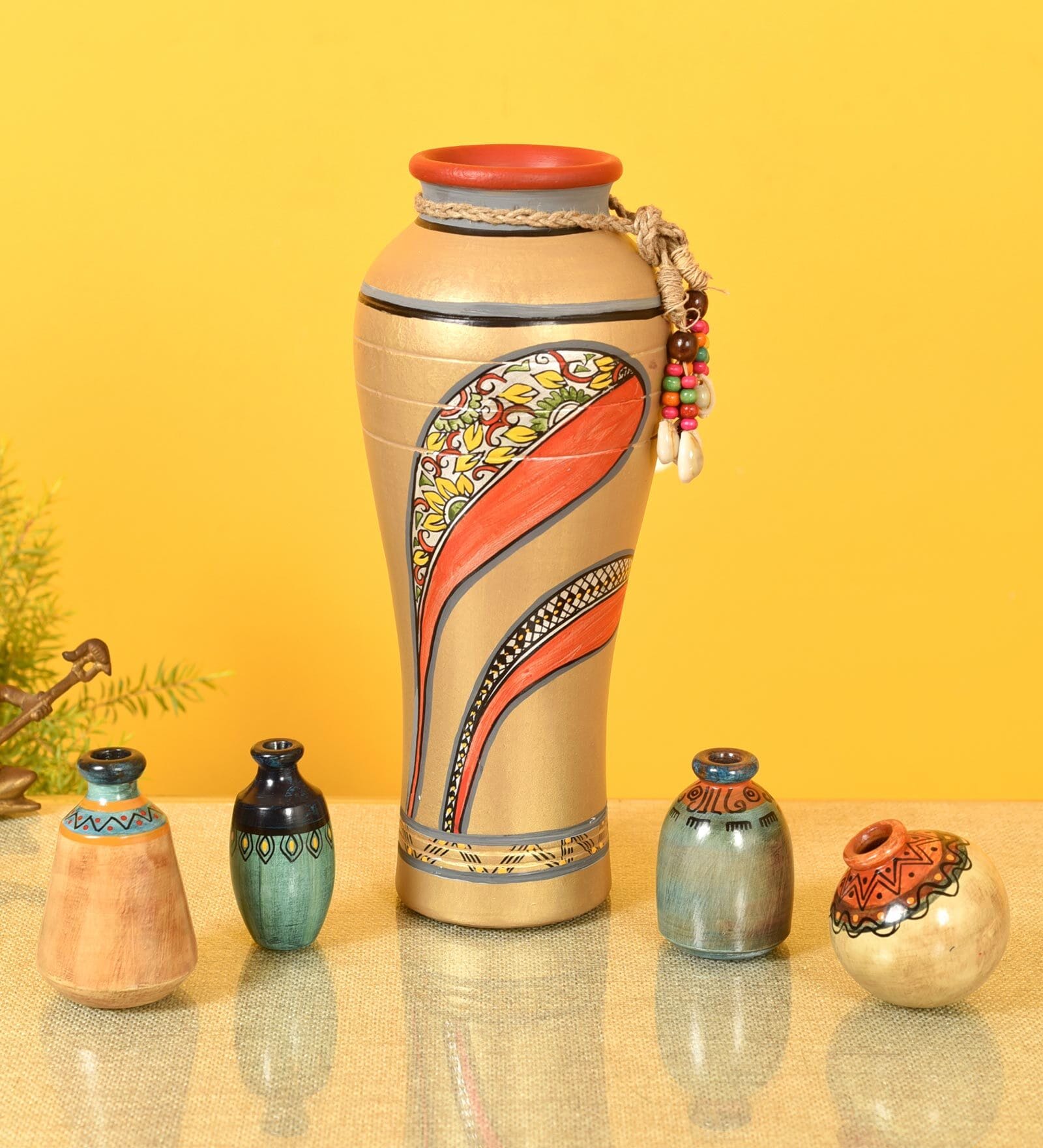 Handcrafted (Set Of 5) Multicolour Terracotta & Jute Table Vase