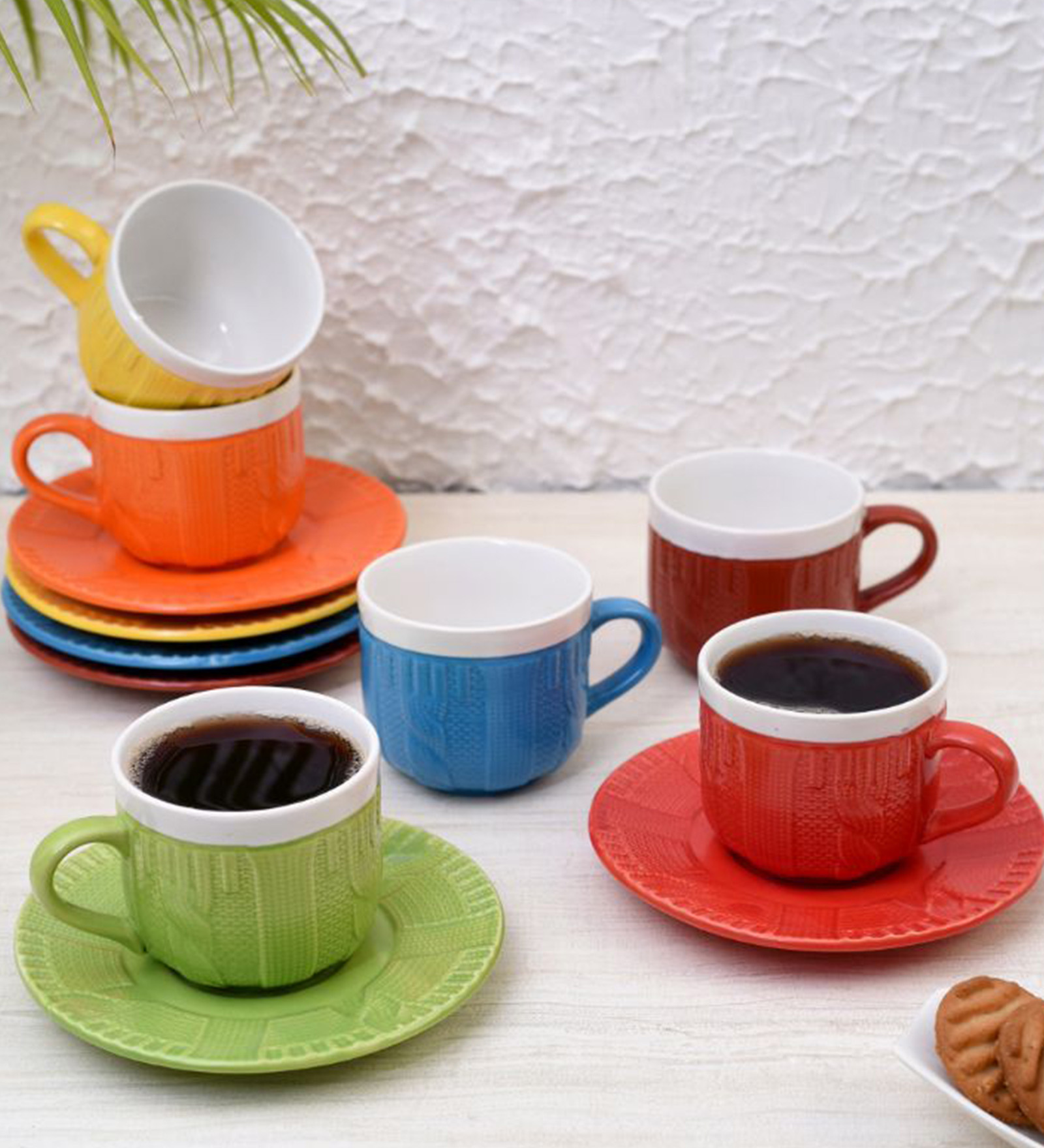 Handcrafted 130ml Multicolour (Set of 12) Ceramic Tea Cup & Saucer Set