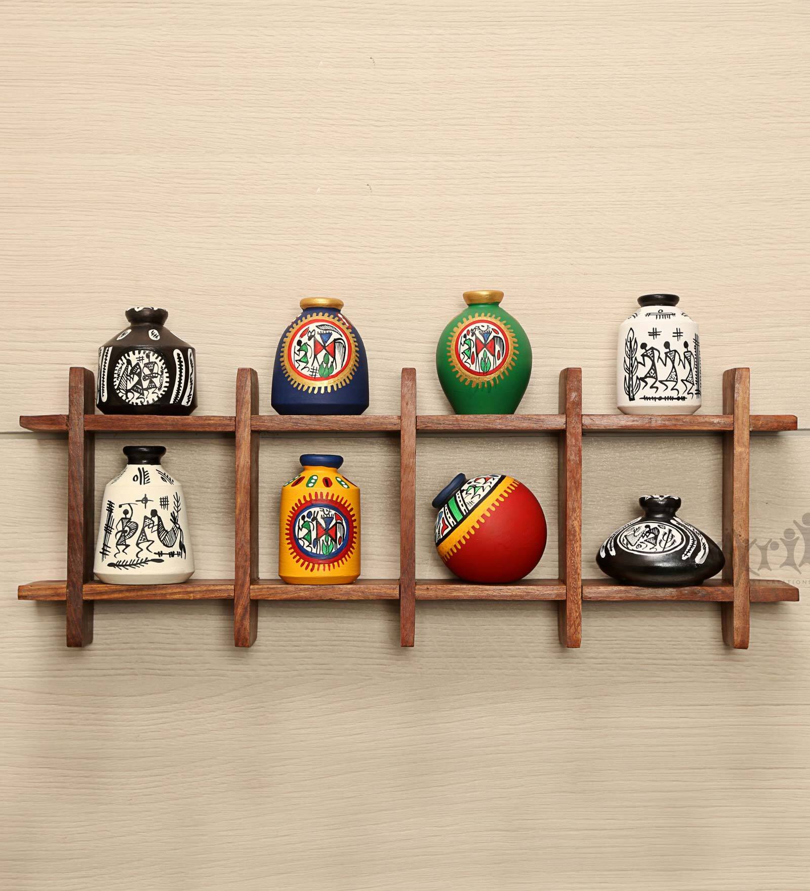 Handcrafted (Set Of 9) Wood & Terracotta Wall Shelf With Vase